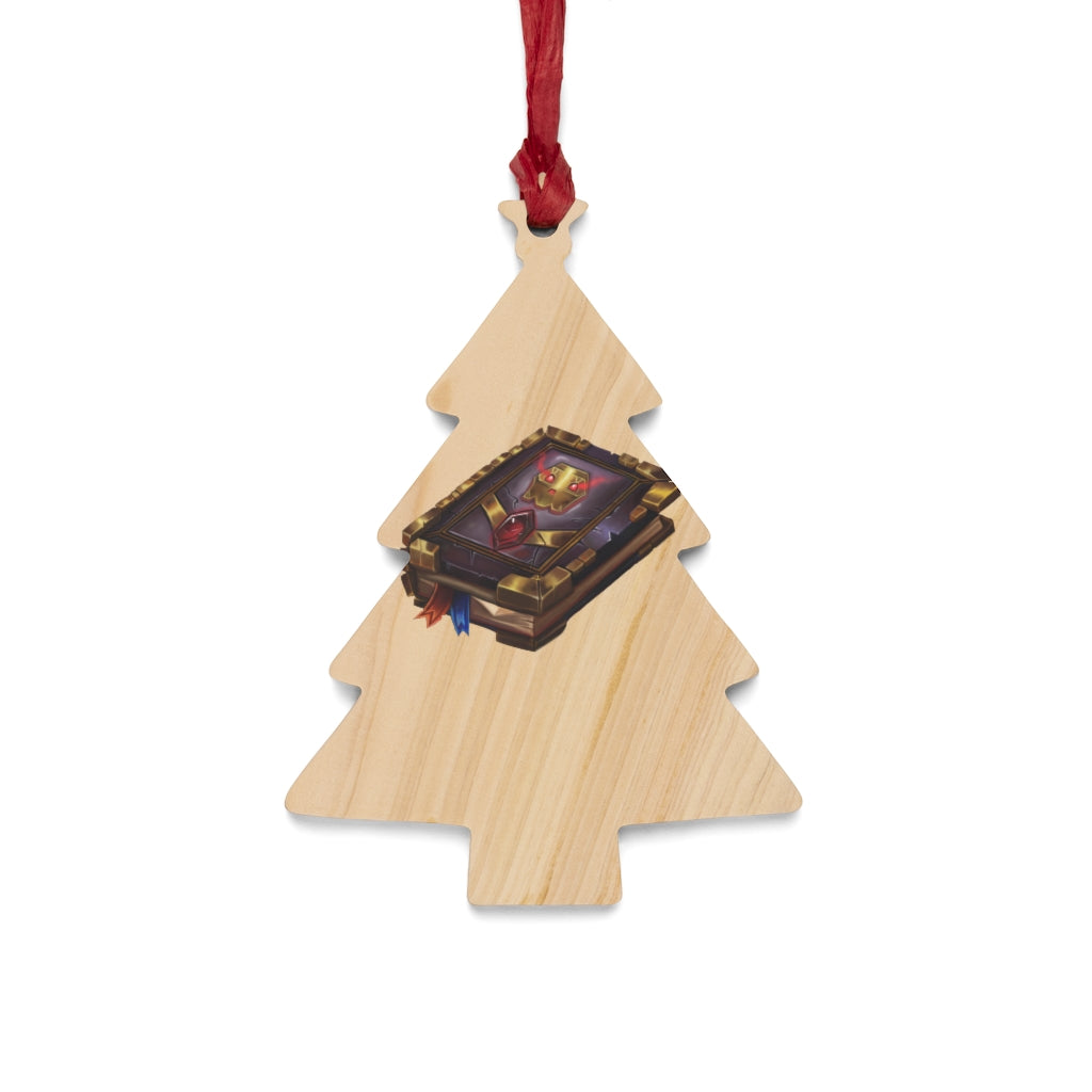 A collection of Magic Book Wooden Christmas Ornaments in various whimsical shapes, featuring a rustic wooden finish and red ribbons for hanging.