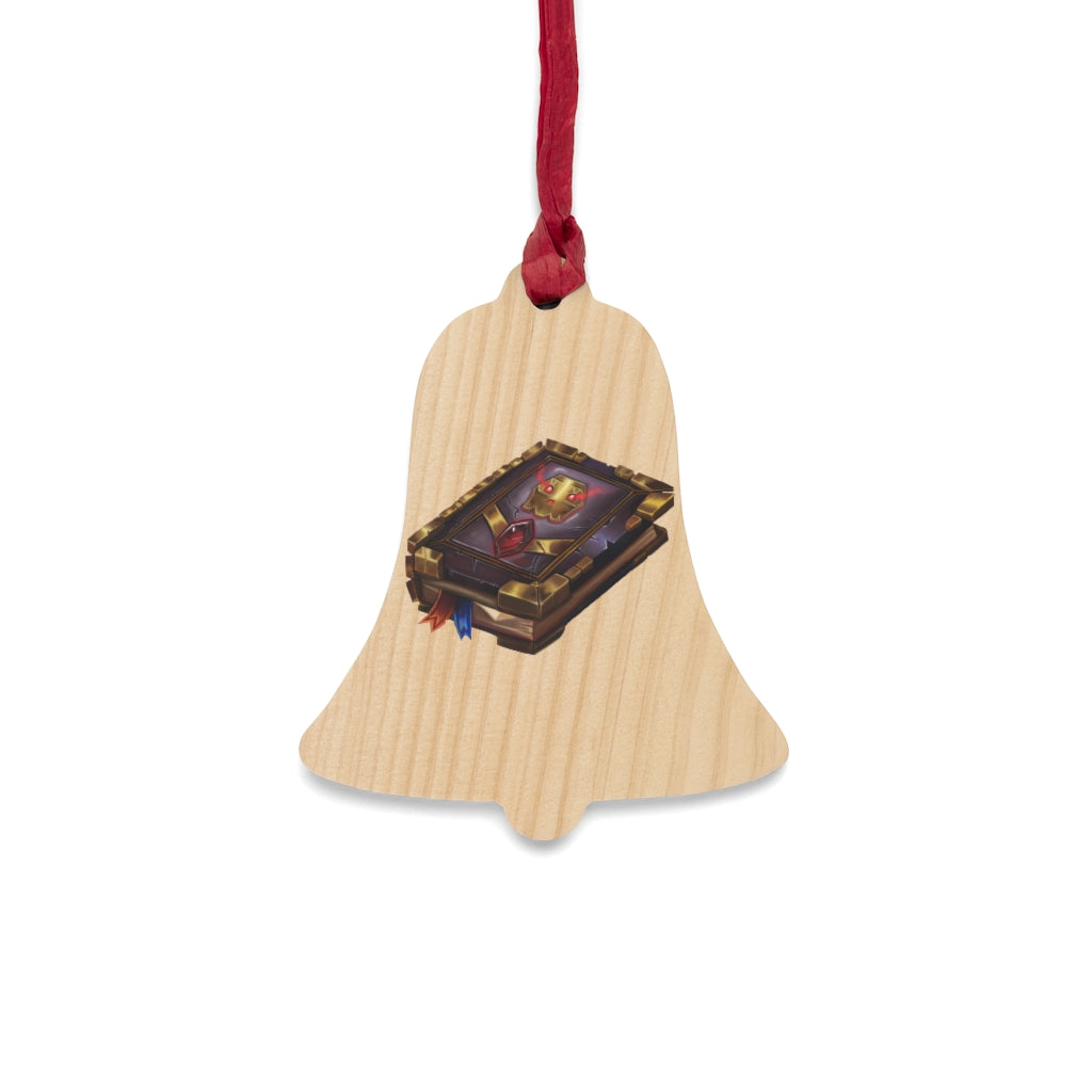 A collection of Magic Book Wooden Christmas Ornaments in various whimsical shapes, featuring a rustic wooden finish and red ribbons for hanging.