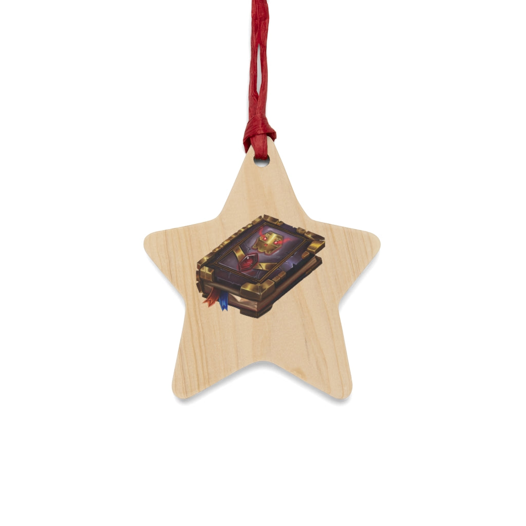 A collection of Magic Book Wooden Christmas Ornaments in various whimsical shapes, featuring a rustic wooden finish and red ribbons for hanging.