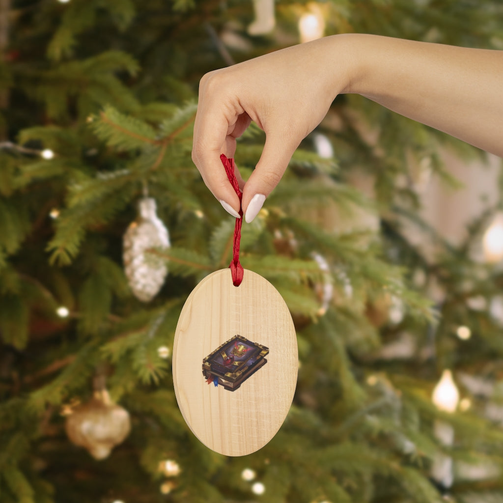 A collection of Magic Book Wooden Christmas Ornaments in various whimsical shapes, featuring a rustic wooden finish and red ribbons for hanging.