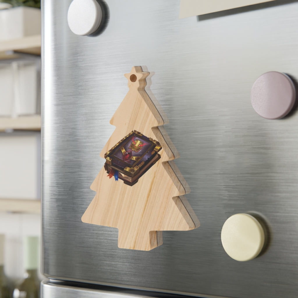 A collection of Magic Book Wooden Christmas Ornaments in various whimsical shapes, featuring a rustic wooden finish and red ribbons for hanging.