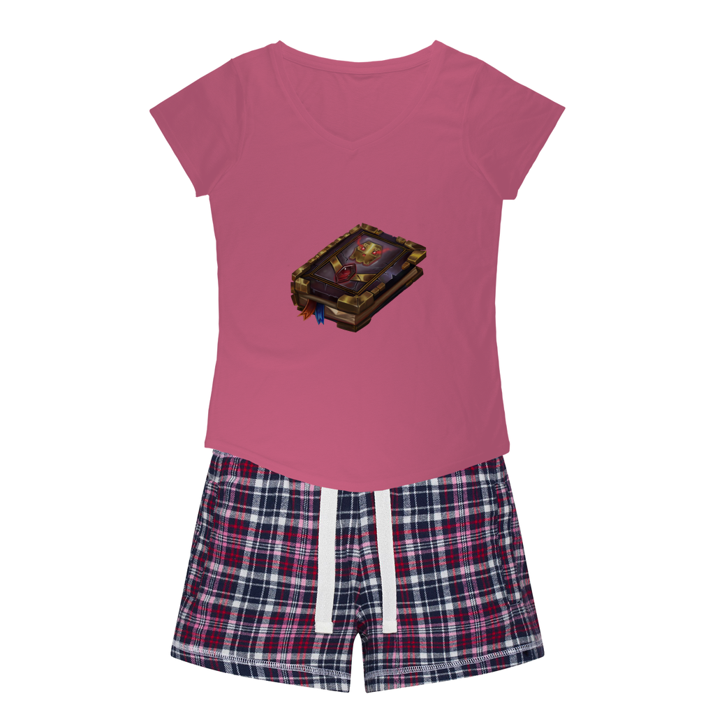 Magic Book Women's Sleepy Tee and Flannel Short set featuring a relaxed fit T-shirt and vibrant flannel shorts, perfect for cozy nights.