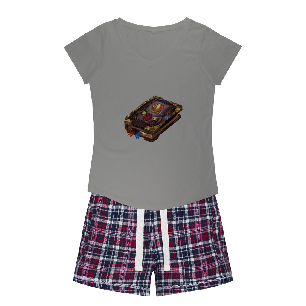 Magic Book Women's Sleepy Tee and Flannel Short set featuring a relaxed fit T-shirt and vibrant flannel shorts, perfect for cozy nights.