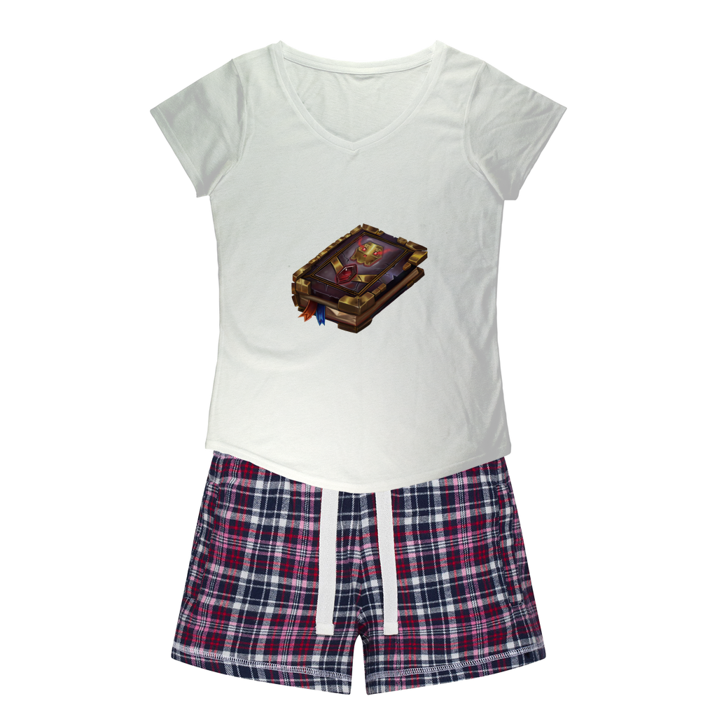 Magic Book Women's Sleepy Tee and Flannel Short set featuring a relaxed fit T-shirt and vibrant flannel shorts, perfect for cozy nights.