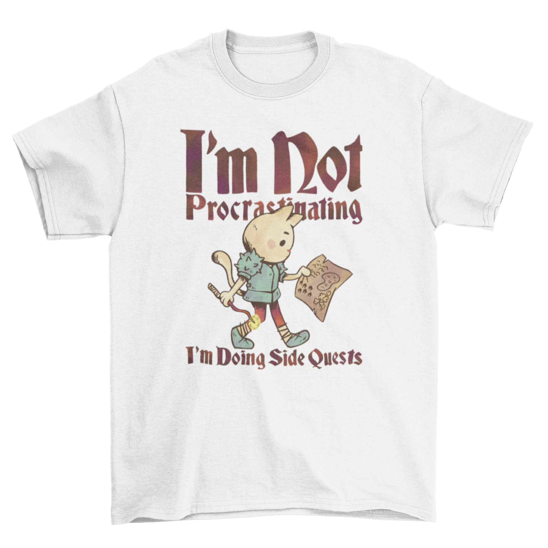 A whimsical t-shirt featuring a medieval cat in armor holding a note and a magic wand, with a humorous quote about side quests.