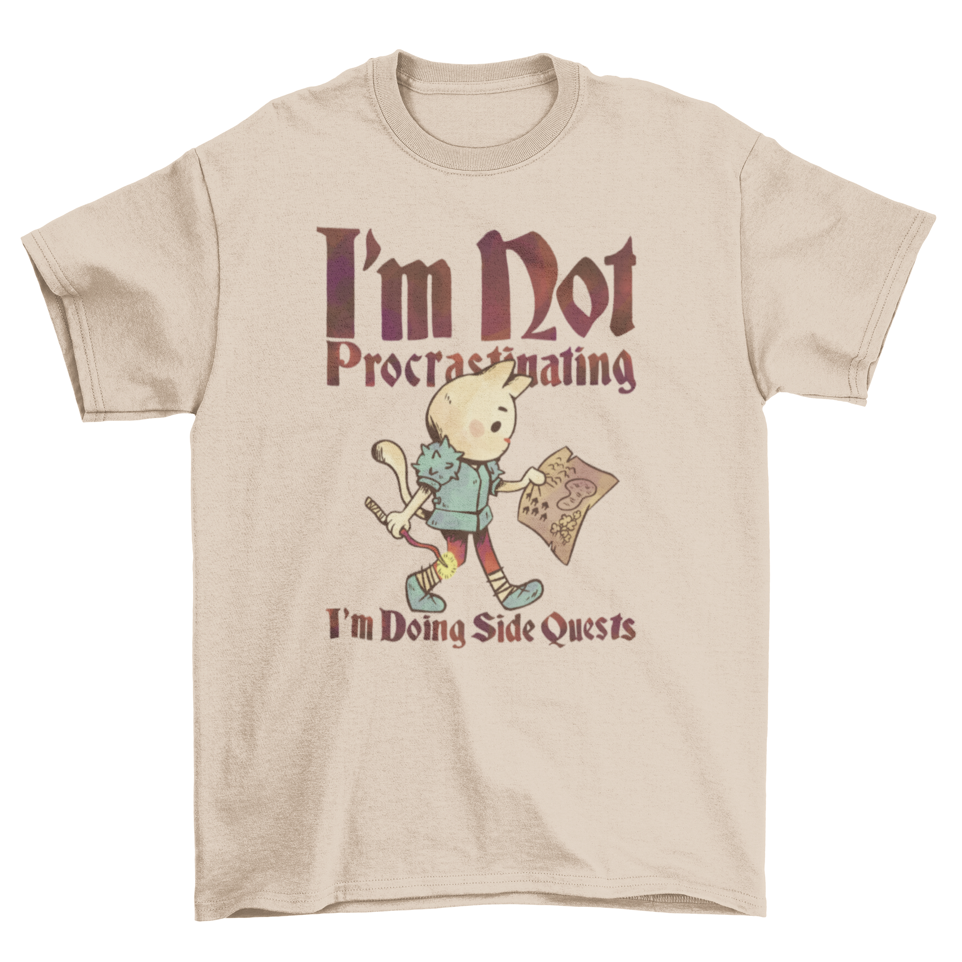 A whimsical t-shirt featuring a medieval cat in armor holding a note and a magic wand, with a humorous quote about side quests.