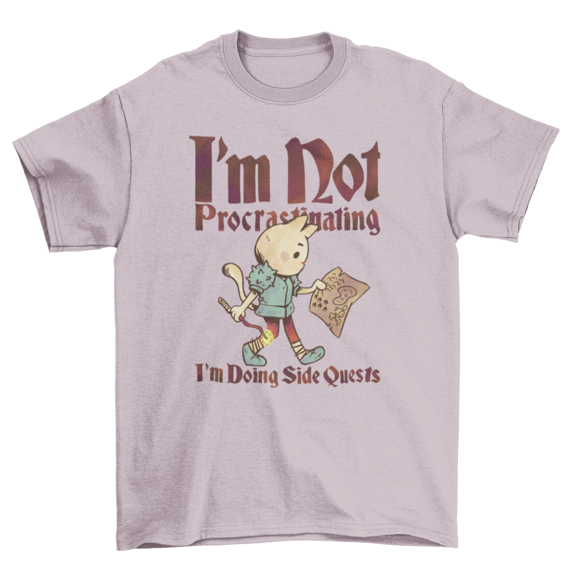 A whimsical t-shirt featuring a medieval cat in armor holding a note and a magic wand, with a humorous quote about side quests.