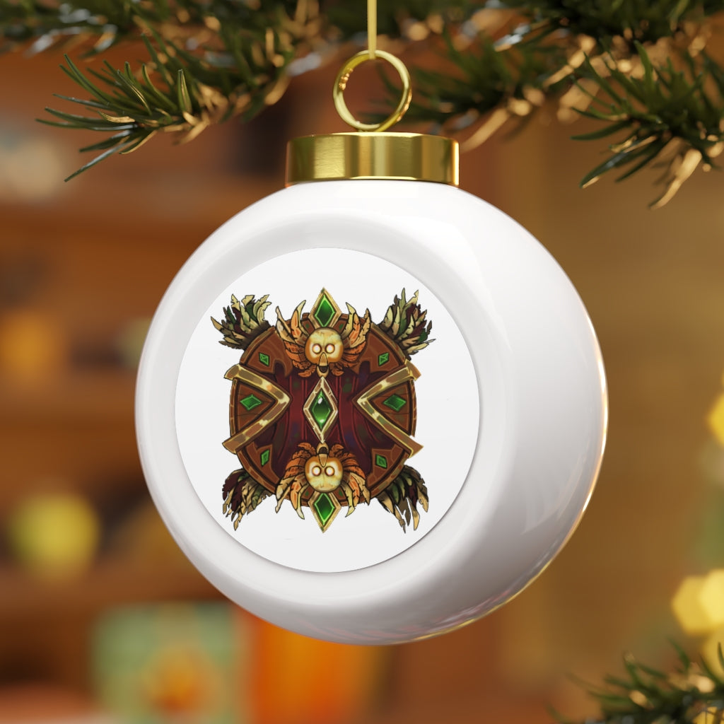 A beautiful 3-inch glossy Christmas ball ornament with a gold ribbon, featuring a vintage design and a customizable metal insert.