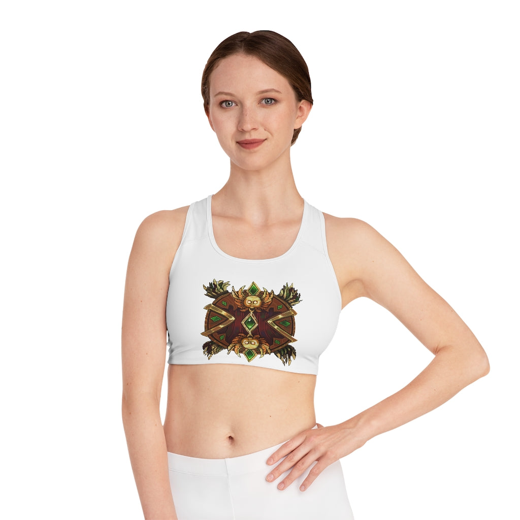 Magic Counter Shield Sports Bra featuring a customizable all-over print design, compression fit, and double-layer front for enhanced support and comfort.