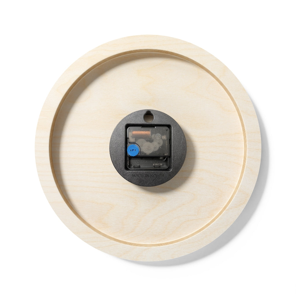 Magic Counter Shield Wooden Wall Clock made from sustainable birch plywood, featuring customizable design options and available in two sizes.