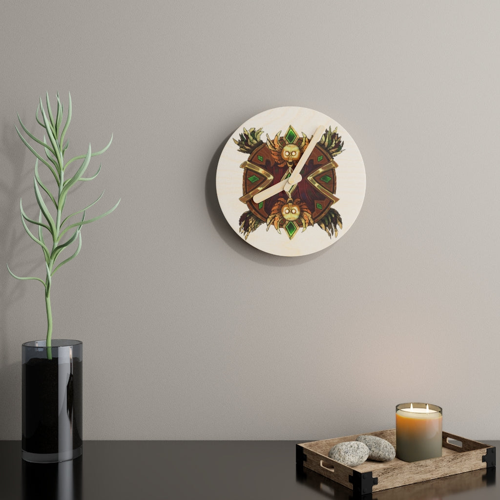 Magic Counter Shield Wooden Wall Clock made from sustainable birch plywood, featuring customizable design options and available in two sizes.