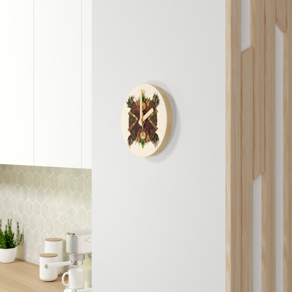 Magic Counter Shield Wooden Wall Clock made from sustainable birch plywood, featuring customizable design options and available in two sizes.