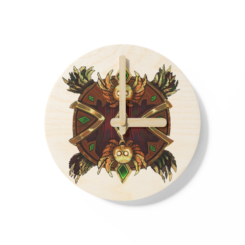 Magic Counter Shield Wooden Wall Clock made from sustainable birch plywood, featuring customizable design options and available in two sizes.