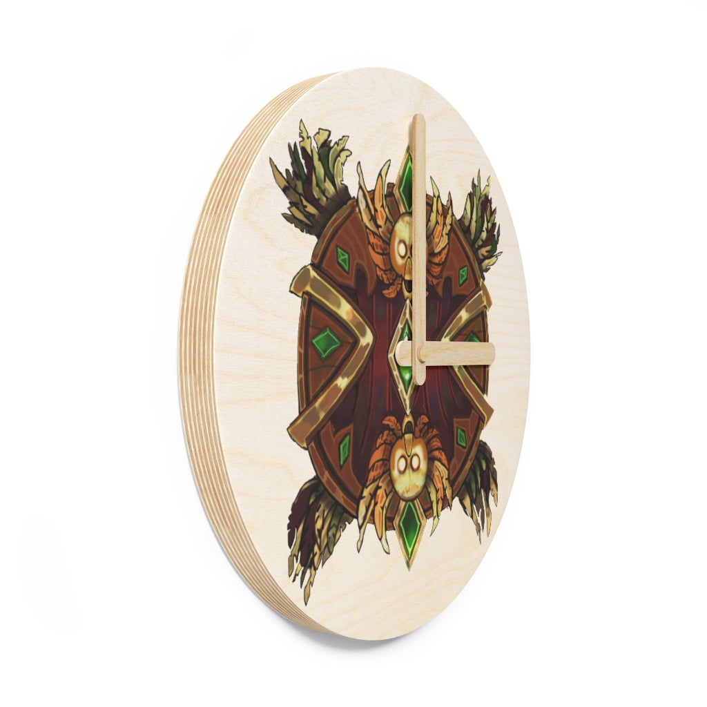 Magic Counter Shield Wooden Wall Clock made from sustainable birch plywood, featuring customizable design options and available in two sizes.