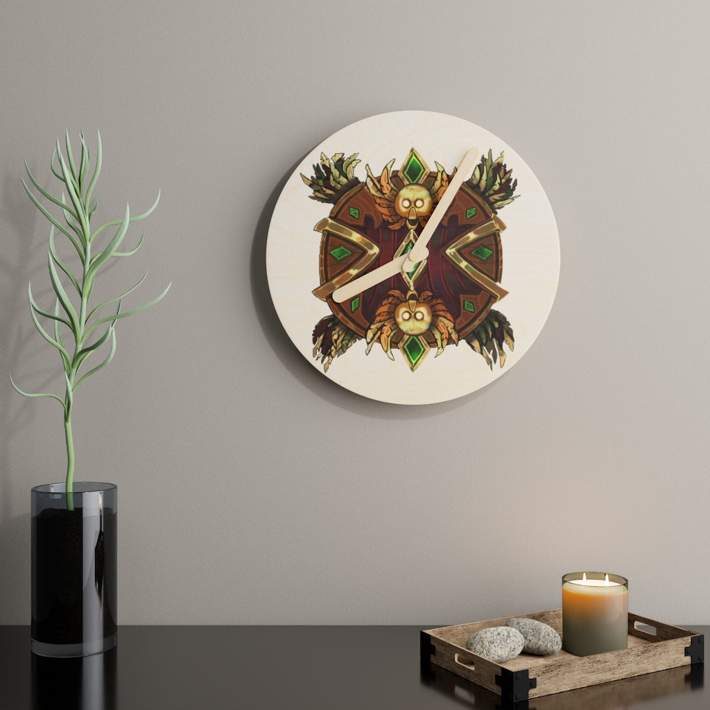 Magic Counter Shield Wooden Wall Clock made from sustainable birch plywood, featuring customizable design options and available in two sizes.