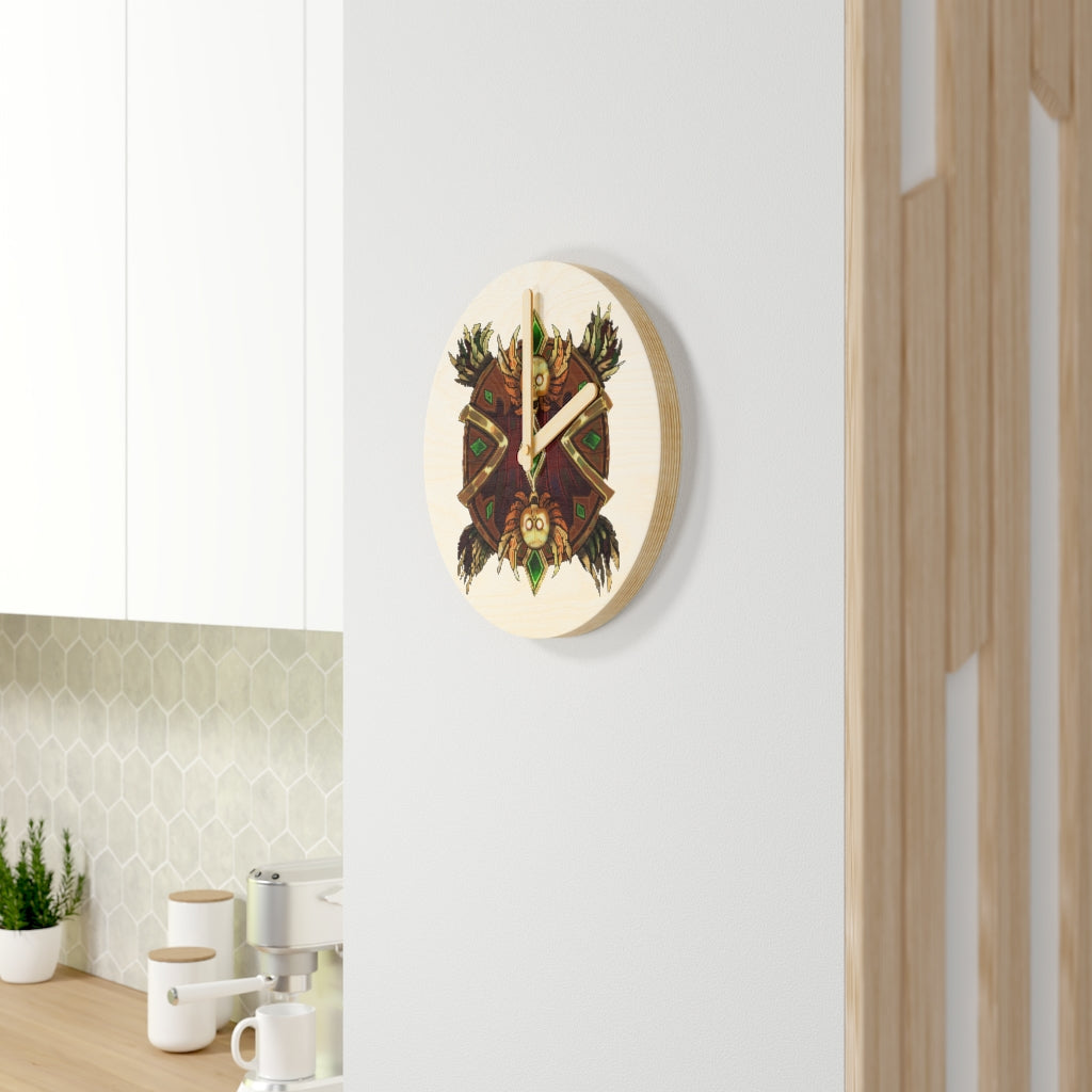 Magic Counter Shield Wooden Wall Clock made from sustainable birch plywood, featuring customizable design options and available in two sizes.