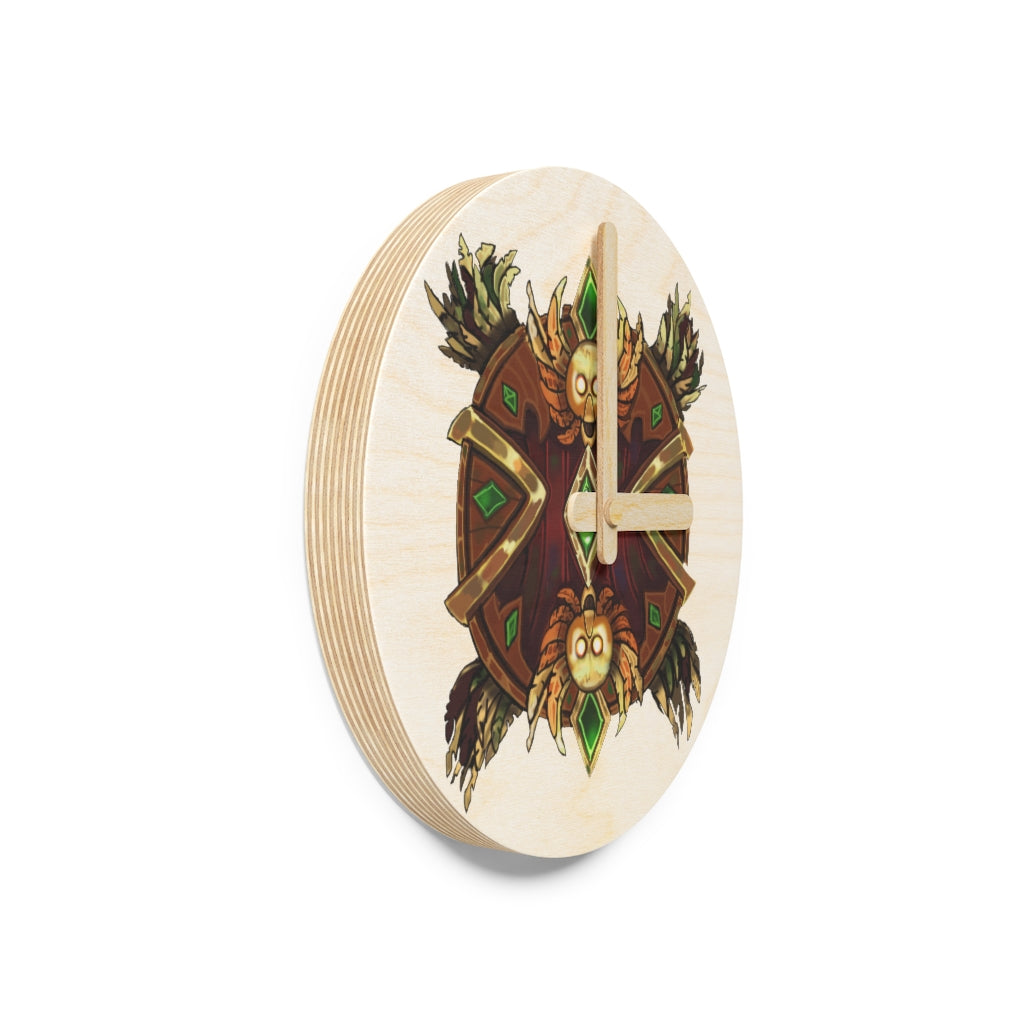 Magic Counter Shield Wooden Wall Clock made from sustainable birch plywood, featuring customizable design options and available in two sizes.