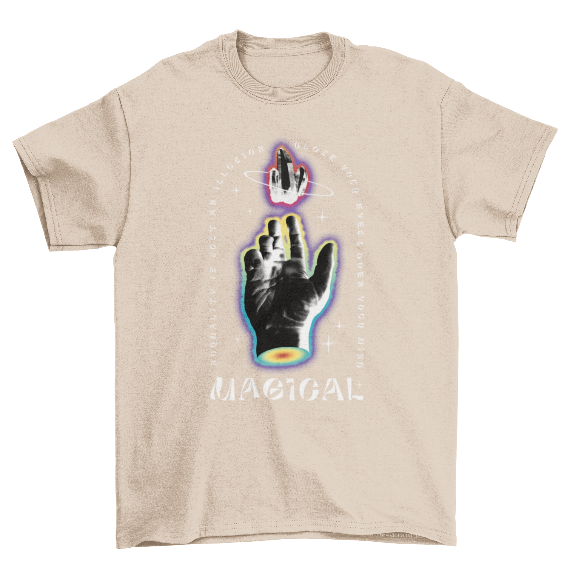 A stylish t-shirt featuring a hand holding colorful magic crystals with inspiring quotes.