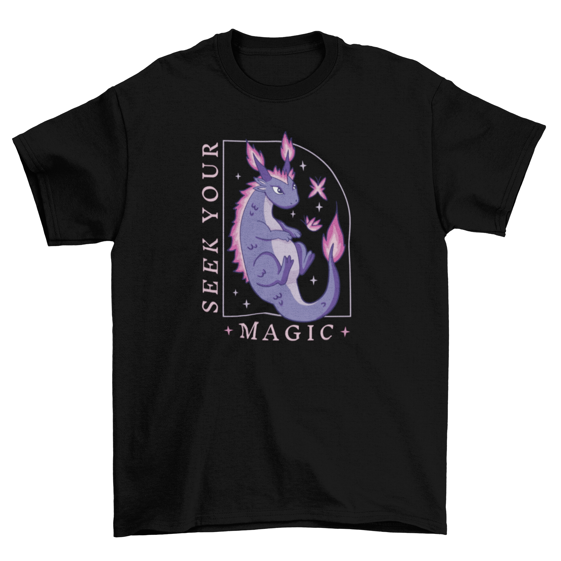 A stylish Magic Dragon T-Shirt featuring a vibrant dragon design and the quote 'Seek your magic'.