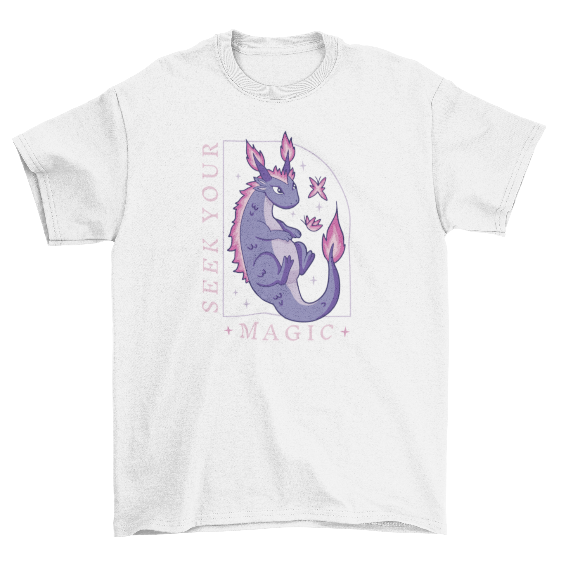 A stylish Magic Dragon T-Shirt featuring a vibrant dragon design and the quote 'Seek your magic'.