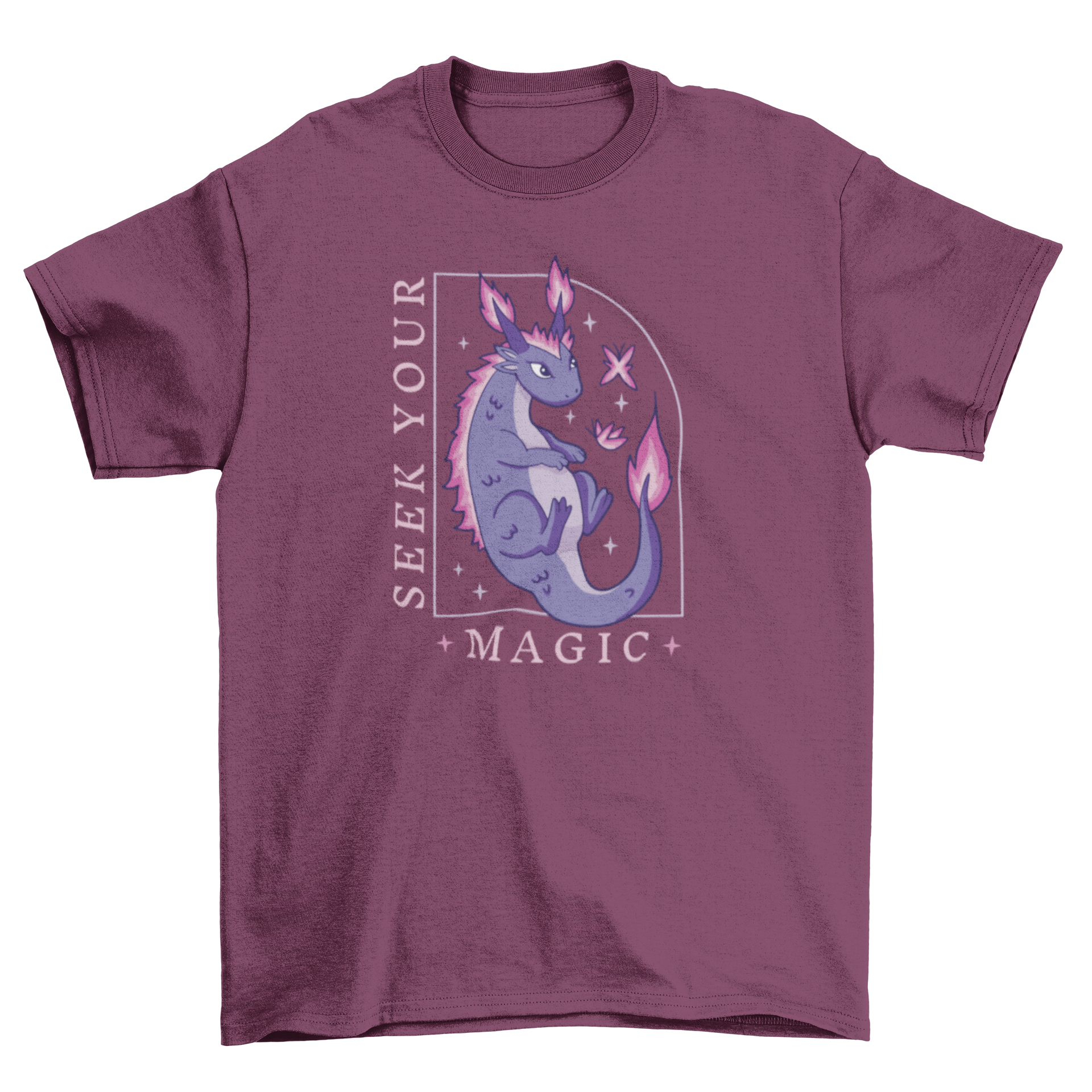 A stylish Magic Dragon T-Shirt featuring a vibrant dragon design and the quote 'Seek your magic'.