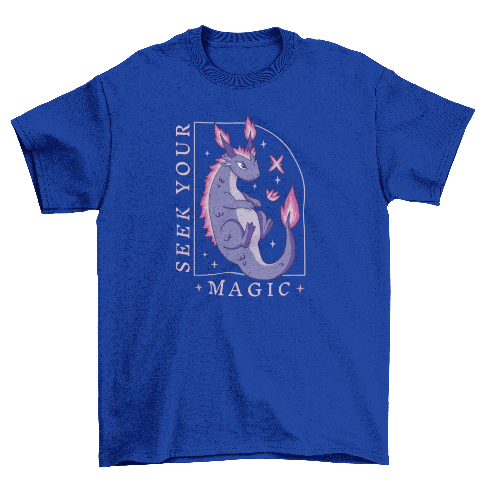 A stylish Magic Dragon T-Shirt featuring a vibrant dragon design and the quote 'Seek your magic'.