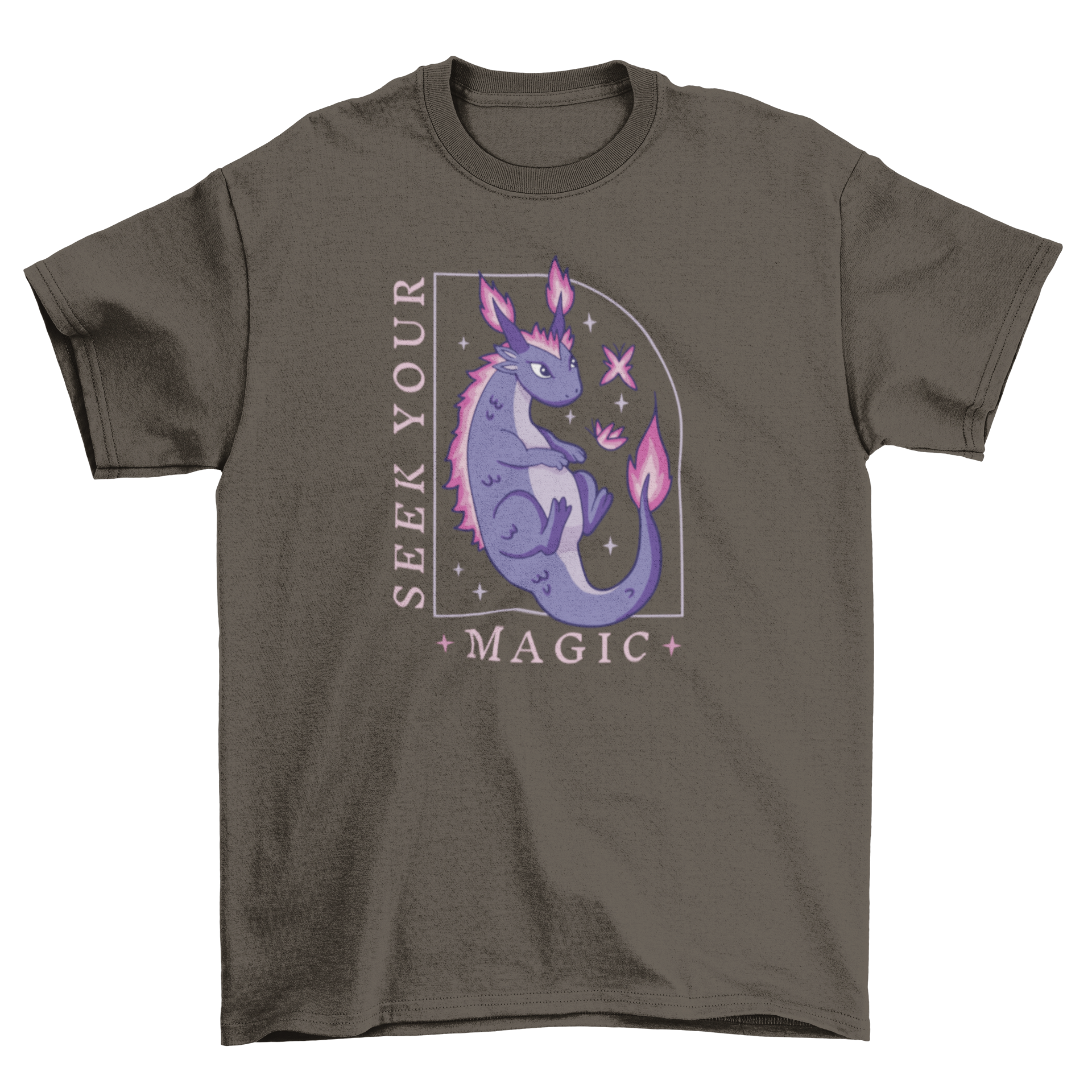 A stylish Magic Dragon T-Shirt featuring a vibrant dragon design and the quote 'Seek your magic'.