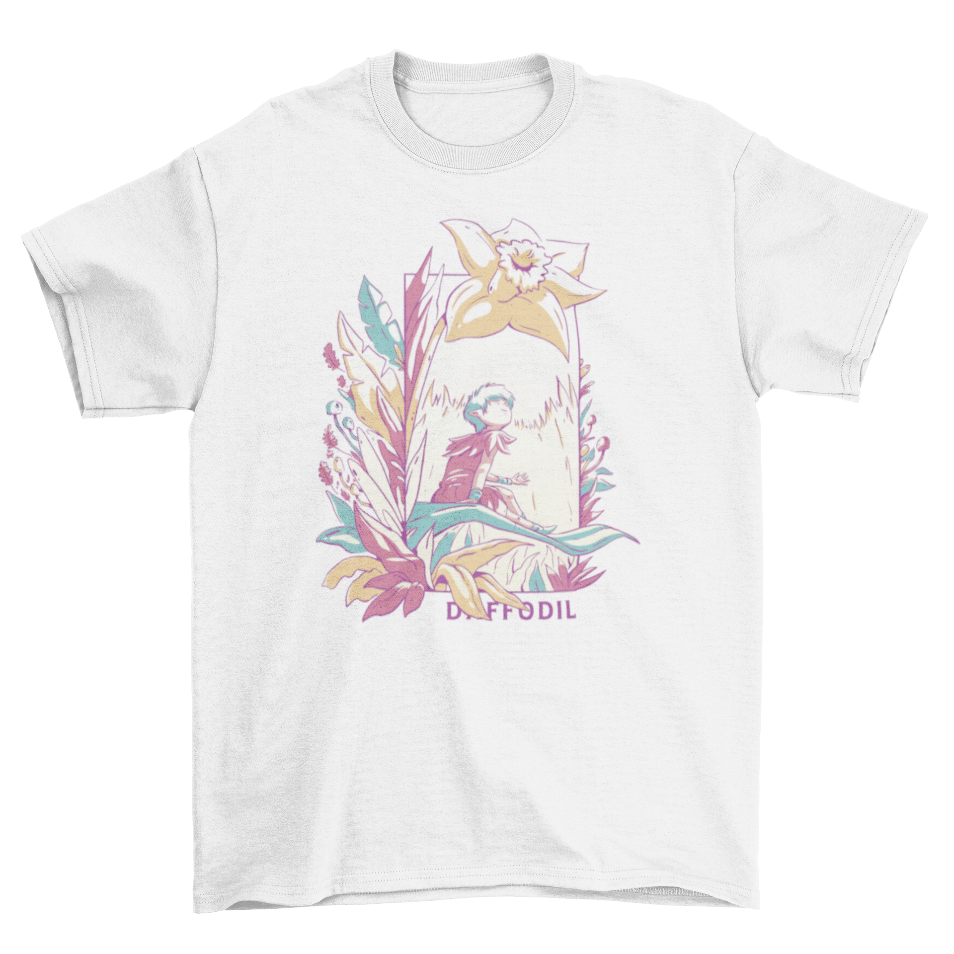 A whimsical t-shirt featuring a fairy surrounded by colorful flowers with the quote 'Daffodil'.