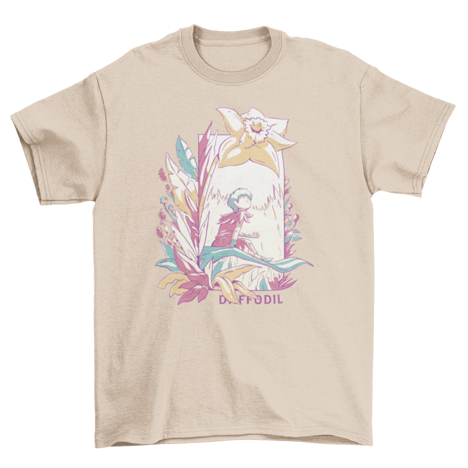 A whimsical t-shirt featuring a fairy surrounded by colorful flowers with the quote 'Daffodil'.