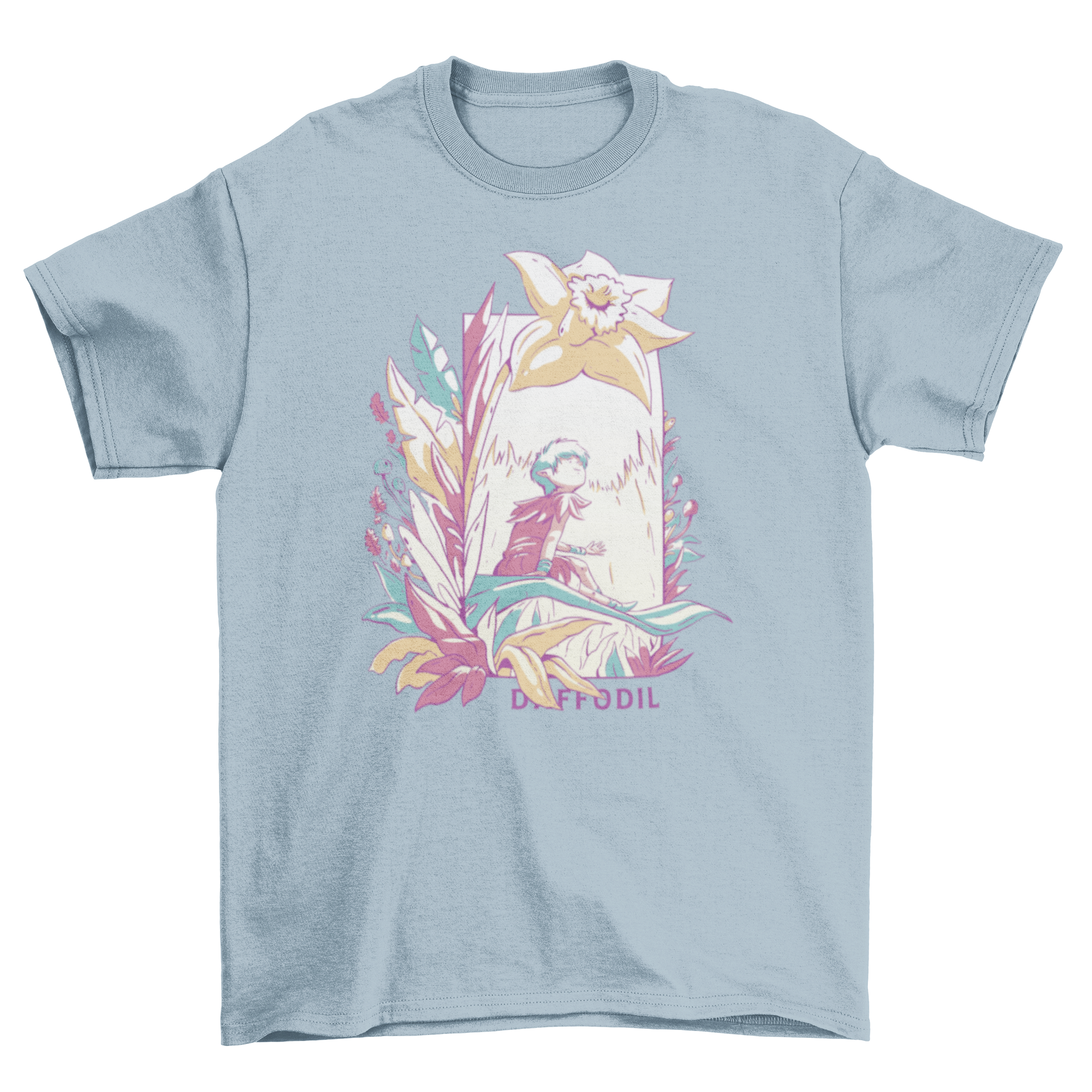 A whimsical t-shirt featuring a fairy surrounded by colorful flowers with the quote 'Daffodil'.