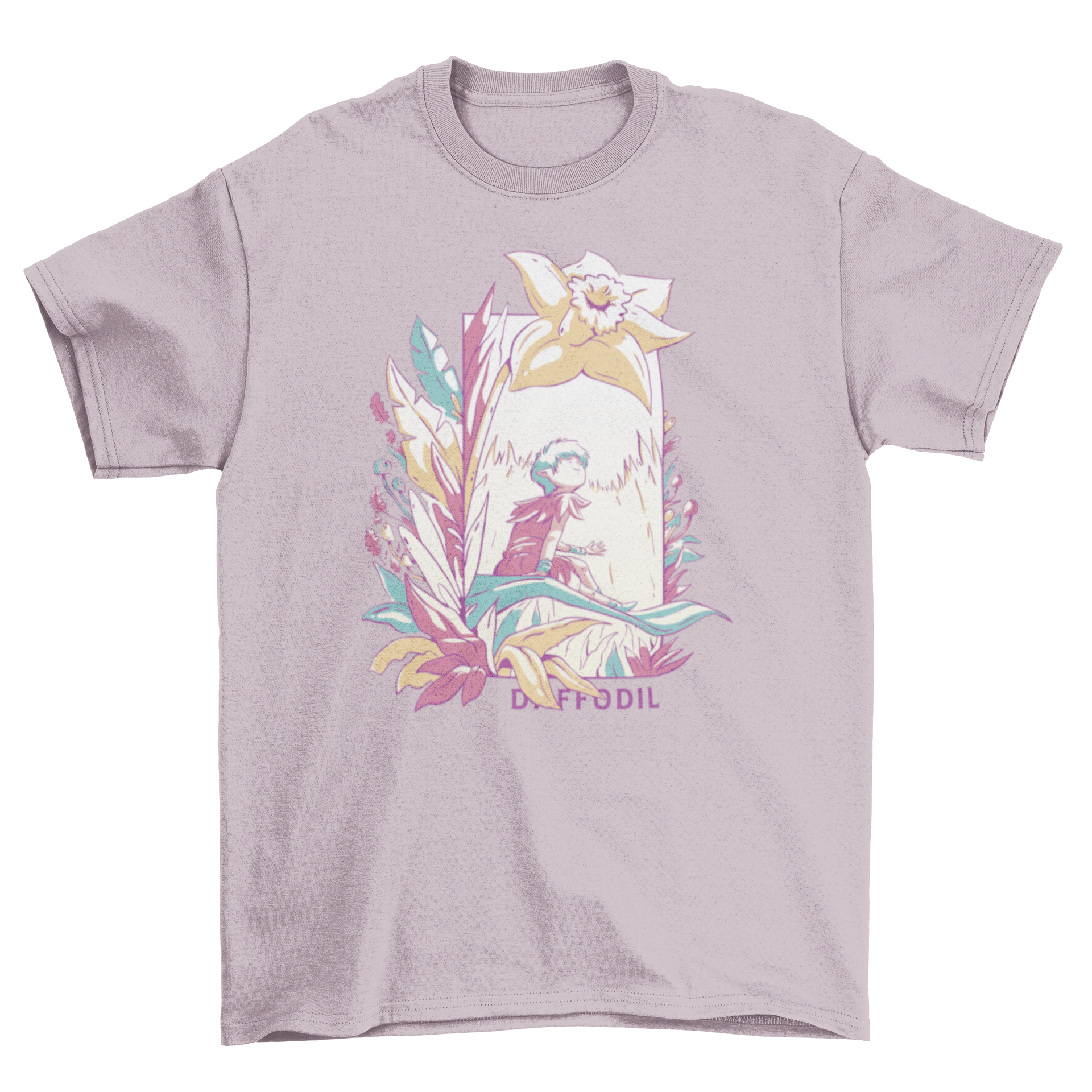 A whimsical t-shirt featuring a fairy surrounded by colorful flowers with the quote 'Daffodil'.