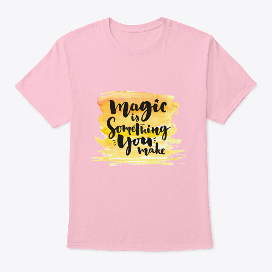 A vibrant yellow watercolor background featuring the phrase 'Magic Is Something You Make' in elegant brush lettering, showcasing creativity and artistic expression.