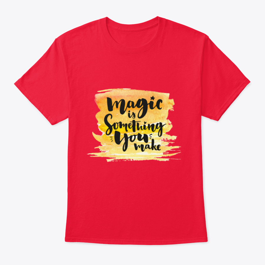 A vibrant yellow watercolor background featuring the phrase 'Magic Is Something You Make' in elegant brush lettering, showcasing creativity and artistic expression.