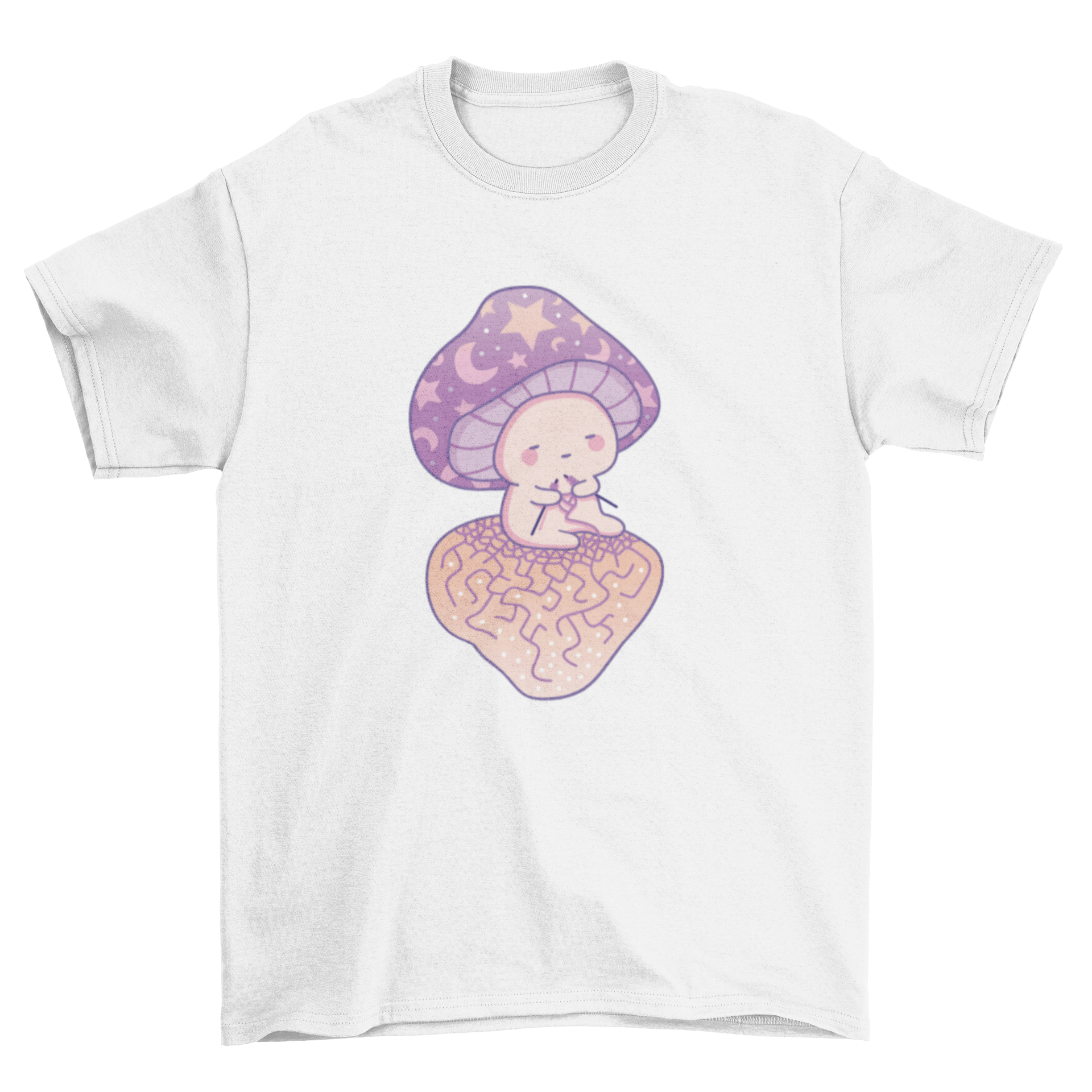 A whimsical t-shirt featuring a colorful mushroom sewing design, perfect for casual wear.