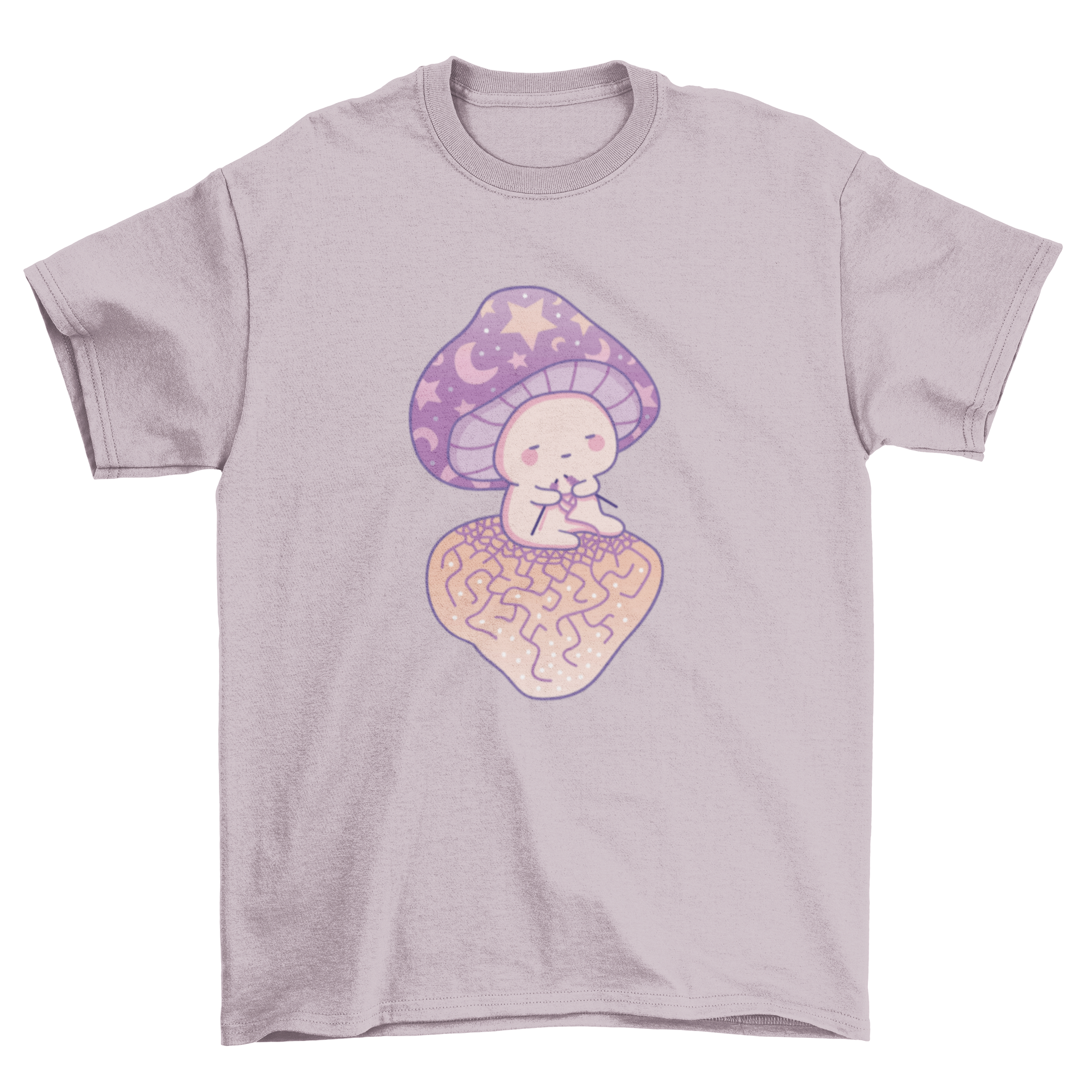 A whimsical t-shirt featuring a colorful mushroom sewing design, perfect for casual wear.