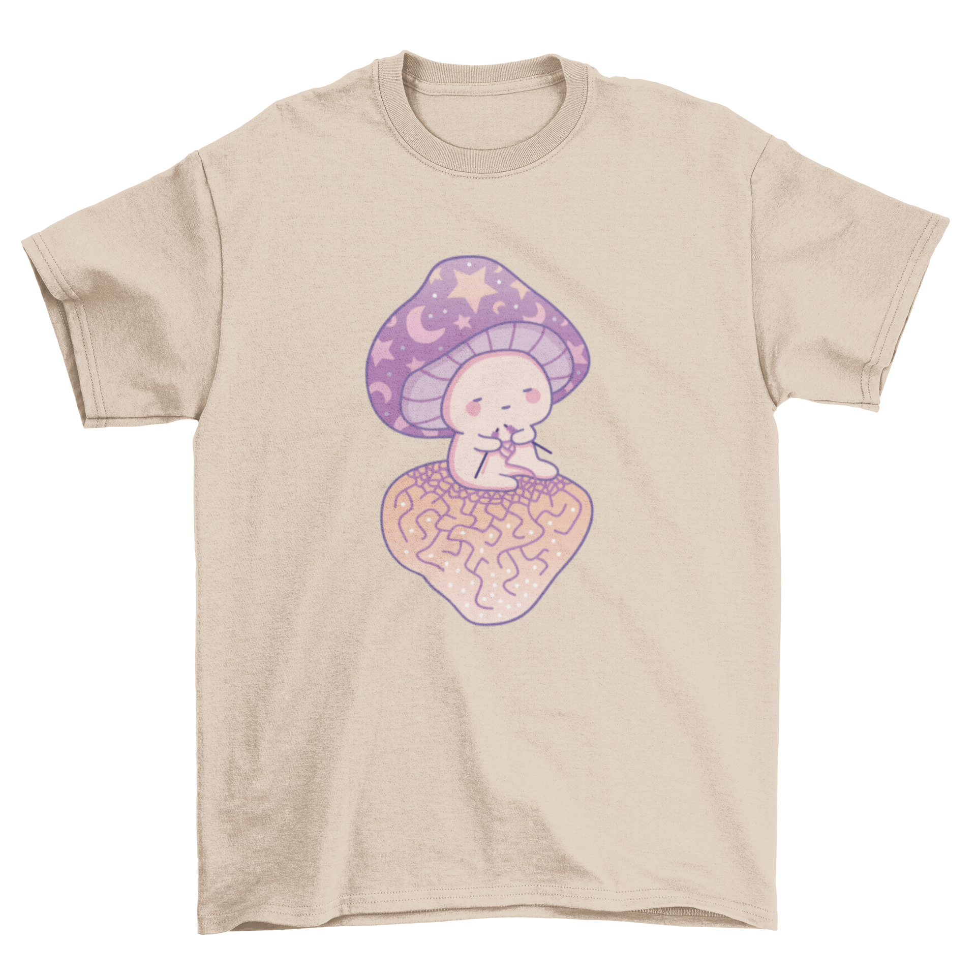 A whimsical t-shirt featuring a colorful mushroom sewing design, perfect for casual wear.