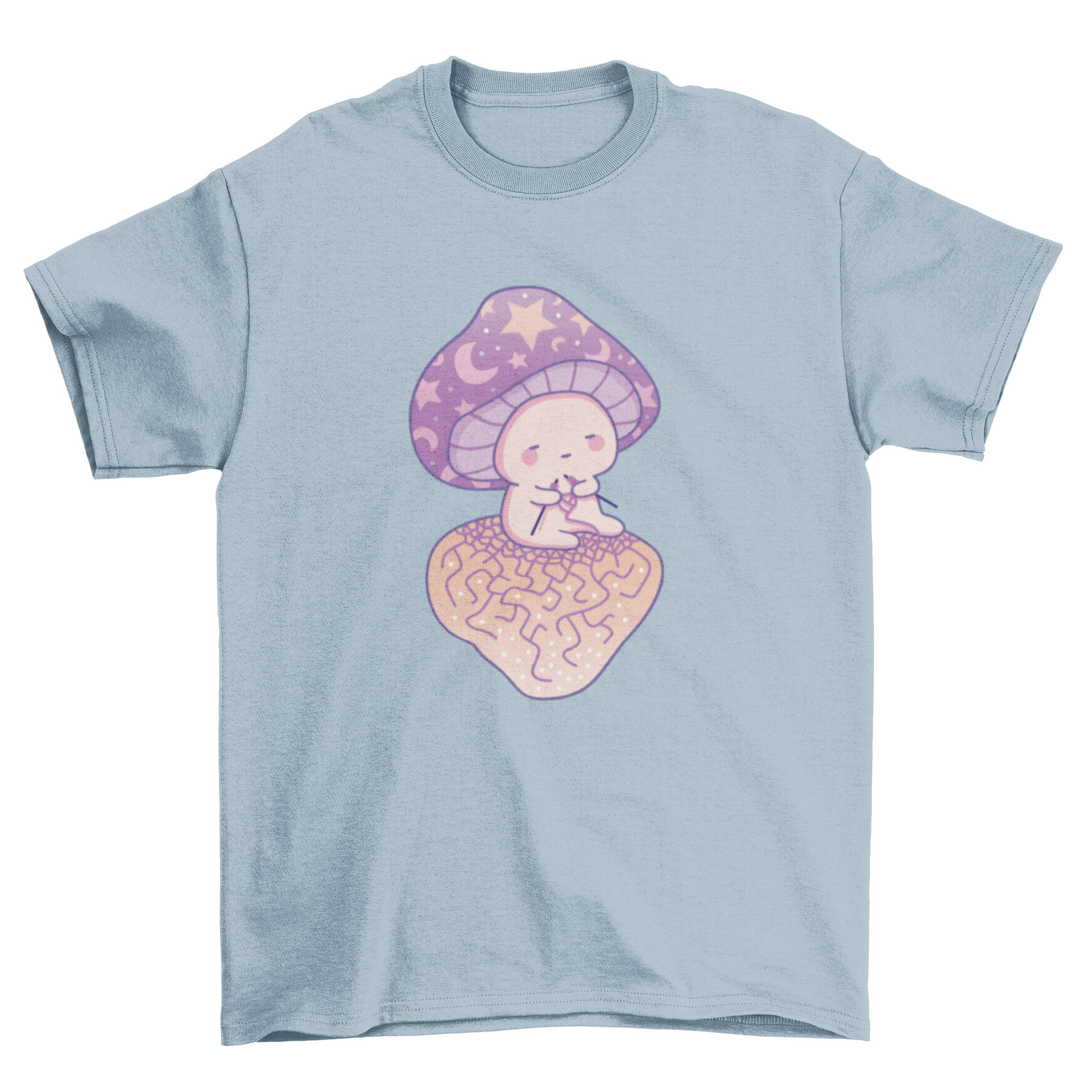 A whimsical t-shirt featuring a colorful mushroom sewing design, perfect for casual wear.