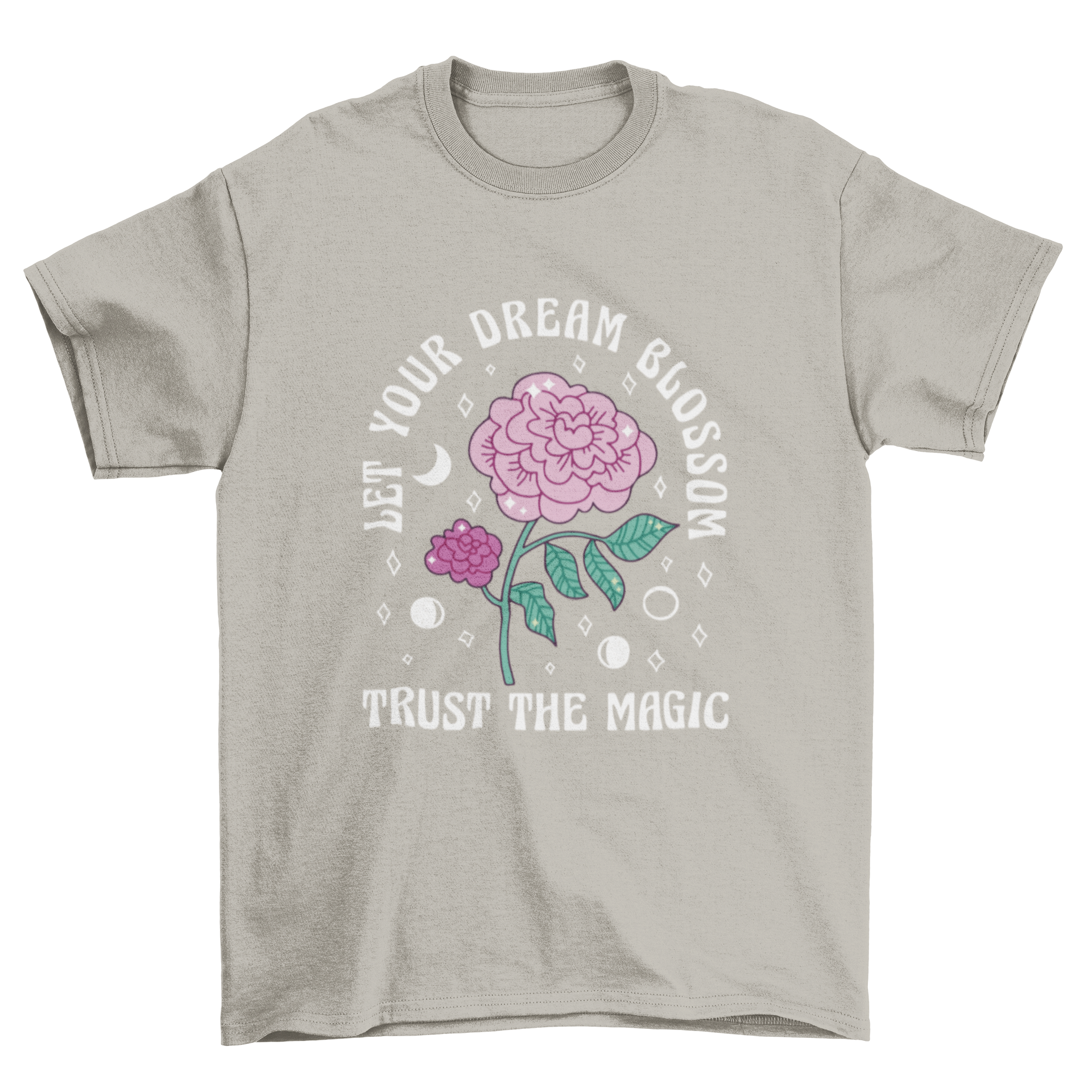 Magic Rose Dreams Come True T-Shirt featuring a rose design with magical elements and an inspirational quote.