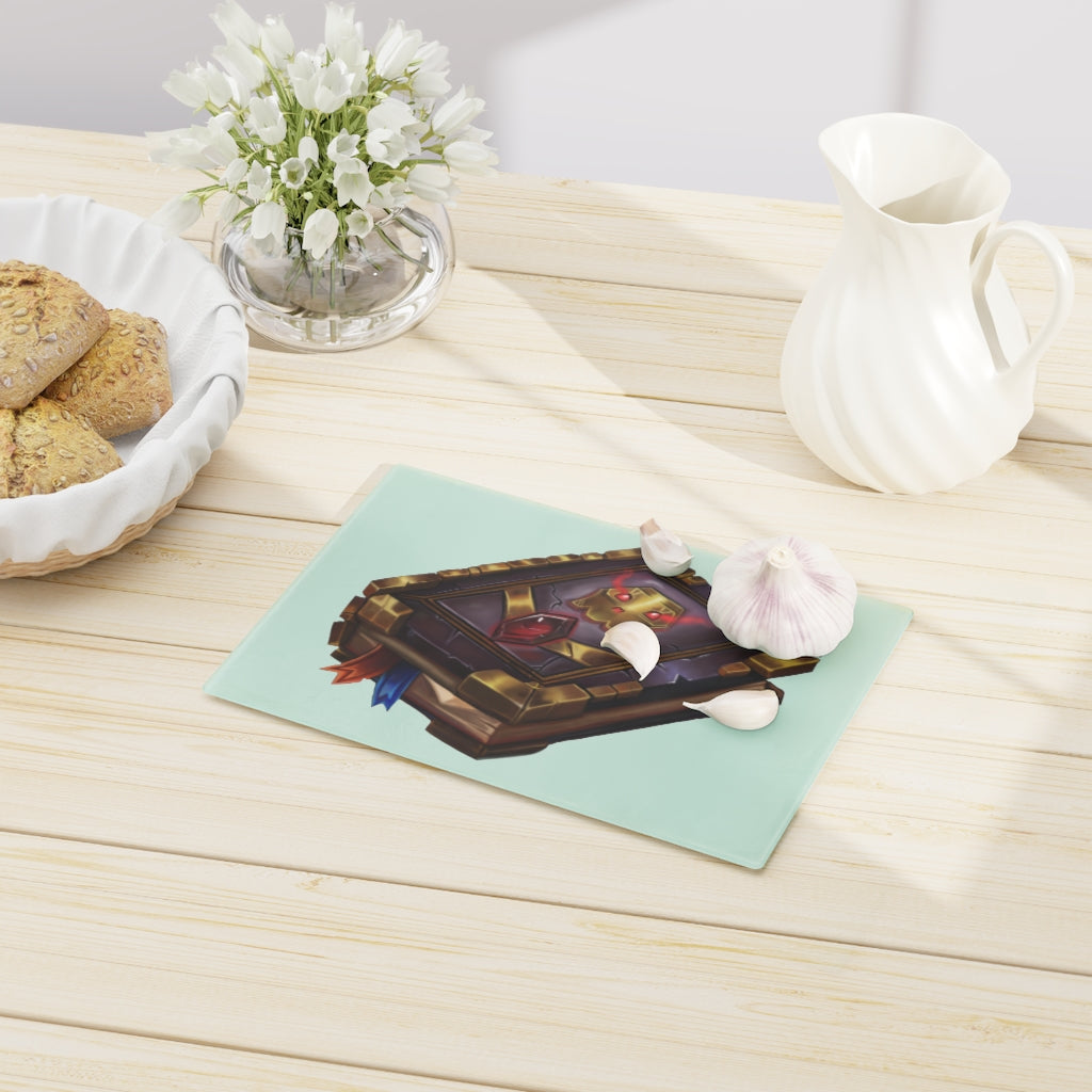 Magic Spell Book Cutting Board made of tempered glass with rubber dots for stability, featuring a whimsical spell book design.