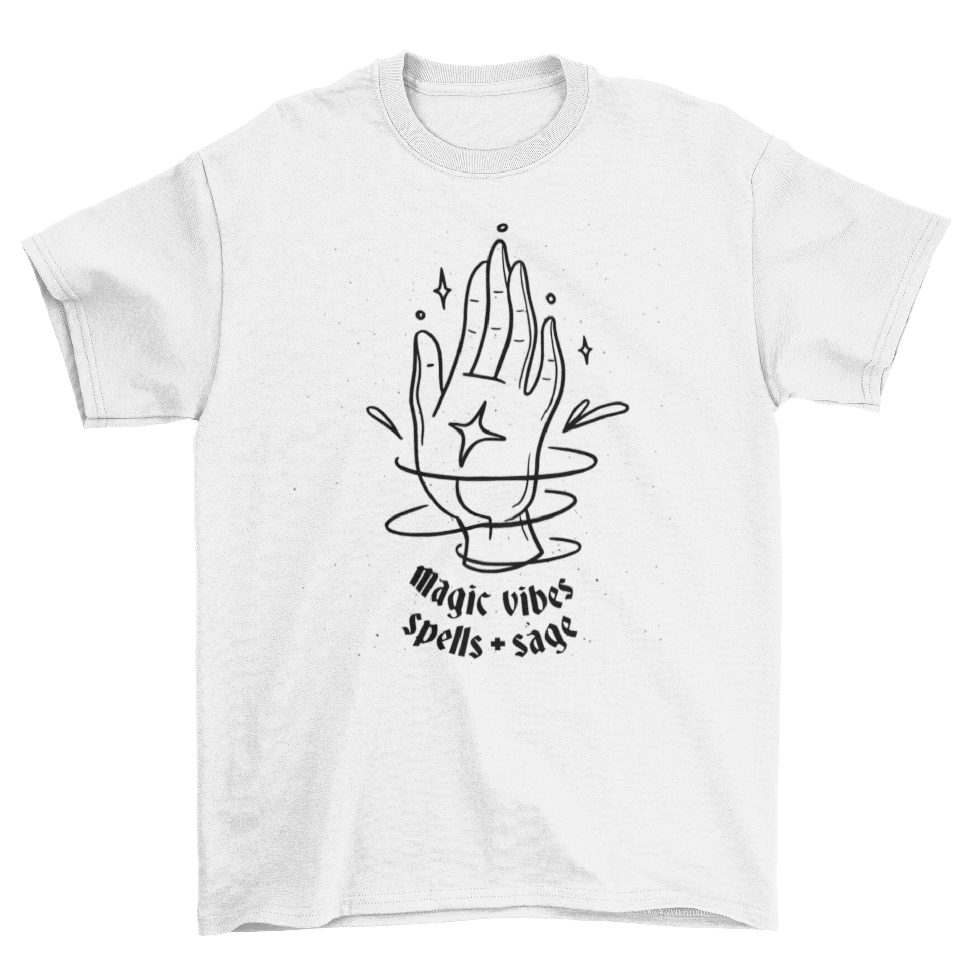 Magic Vibes T-shirt featuring an esoteric hand design and the text 'MAGIC VIBES SPELLS AND SAGE' in a stylish font.