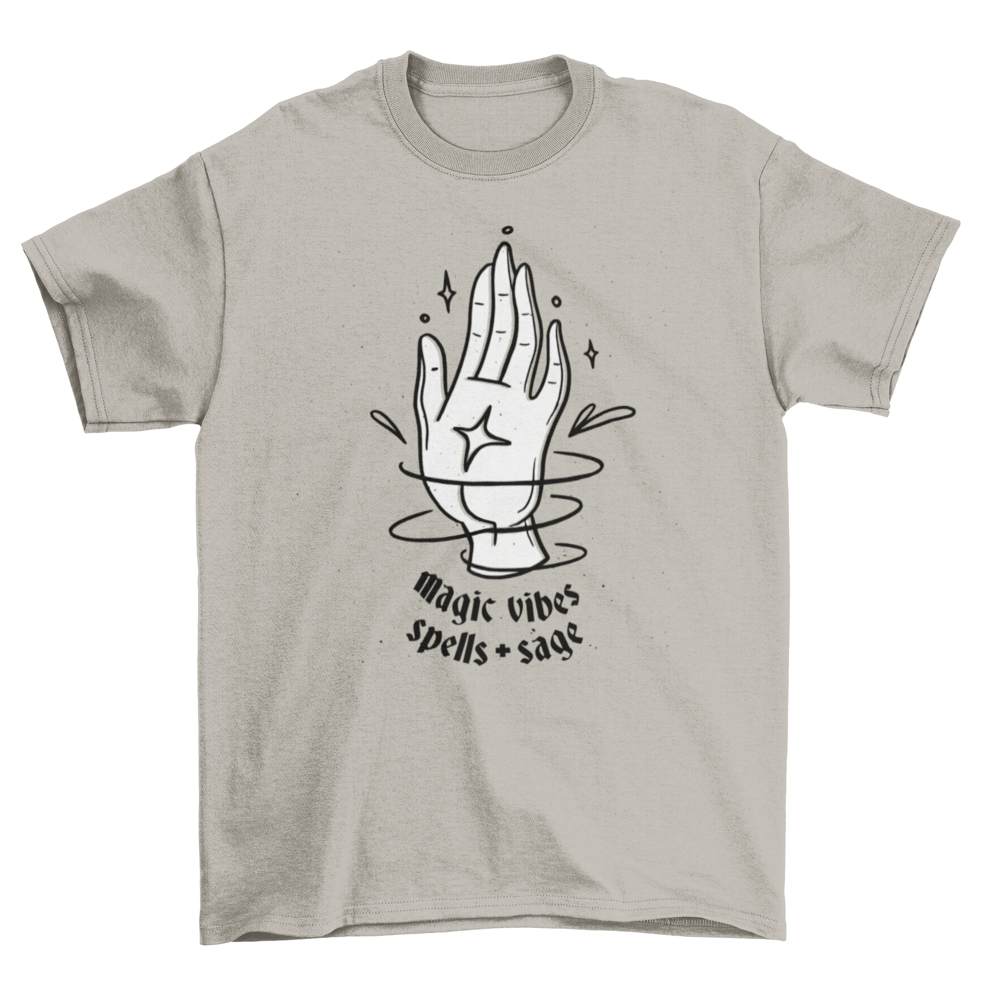 Magic Vibes T-shirt featuring an esoteric hand design and the text 'MAGIC VIBES SPELLS AND SAGE' in a stylish font.