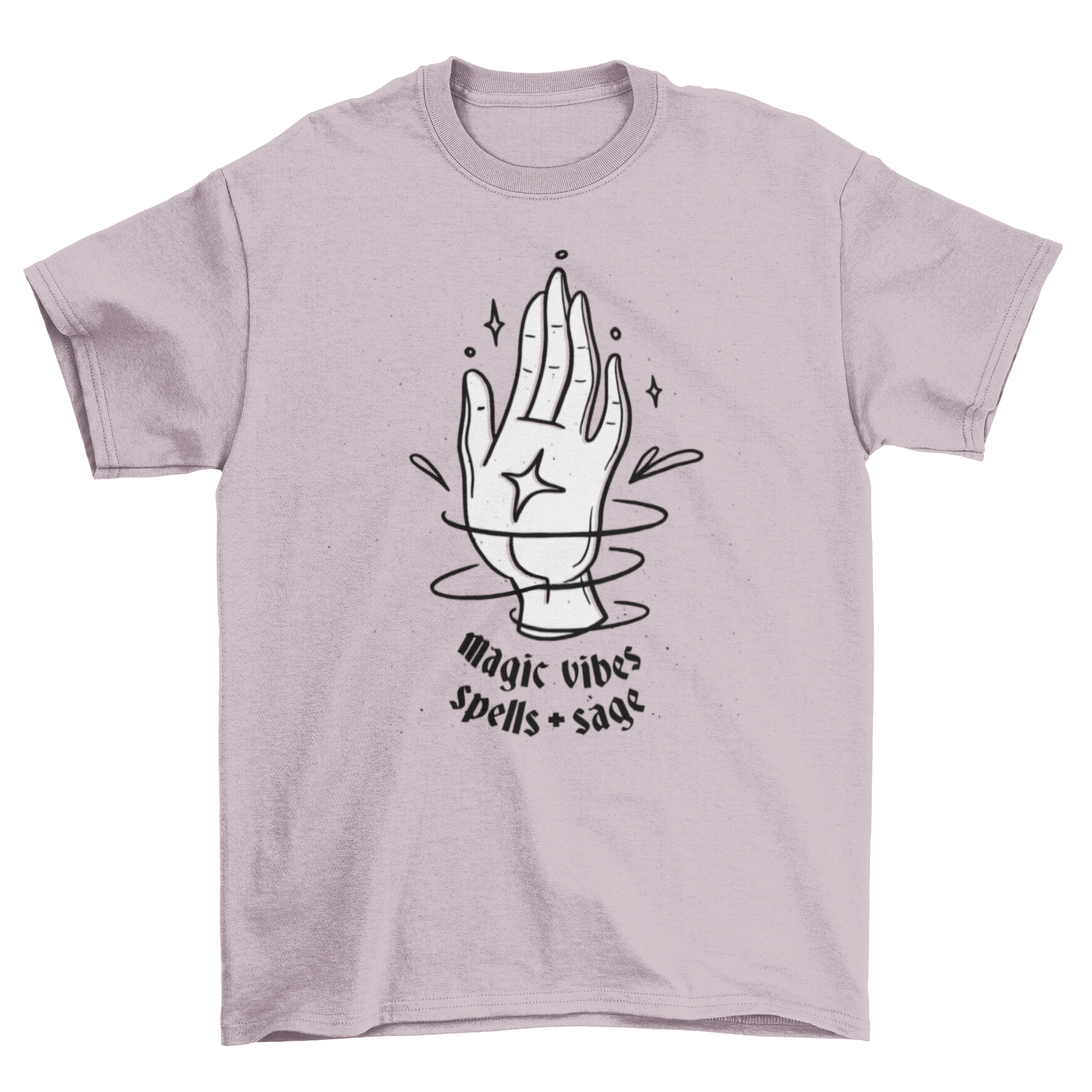 Magic Vibes T-shirt featuring an esoteric hand design and the text 'MAGIC VIBES SPELLS AND SAGE' in a stylish font.