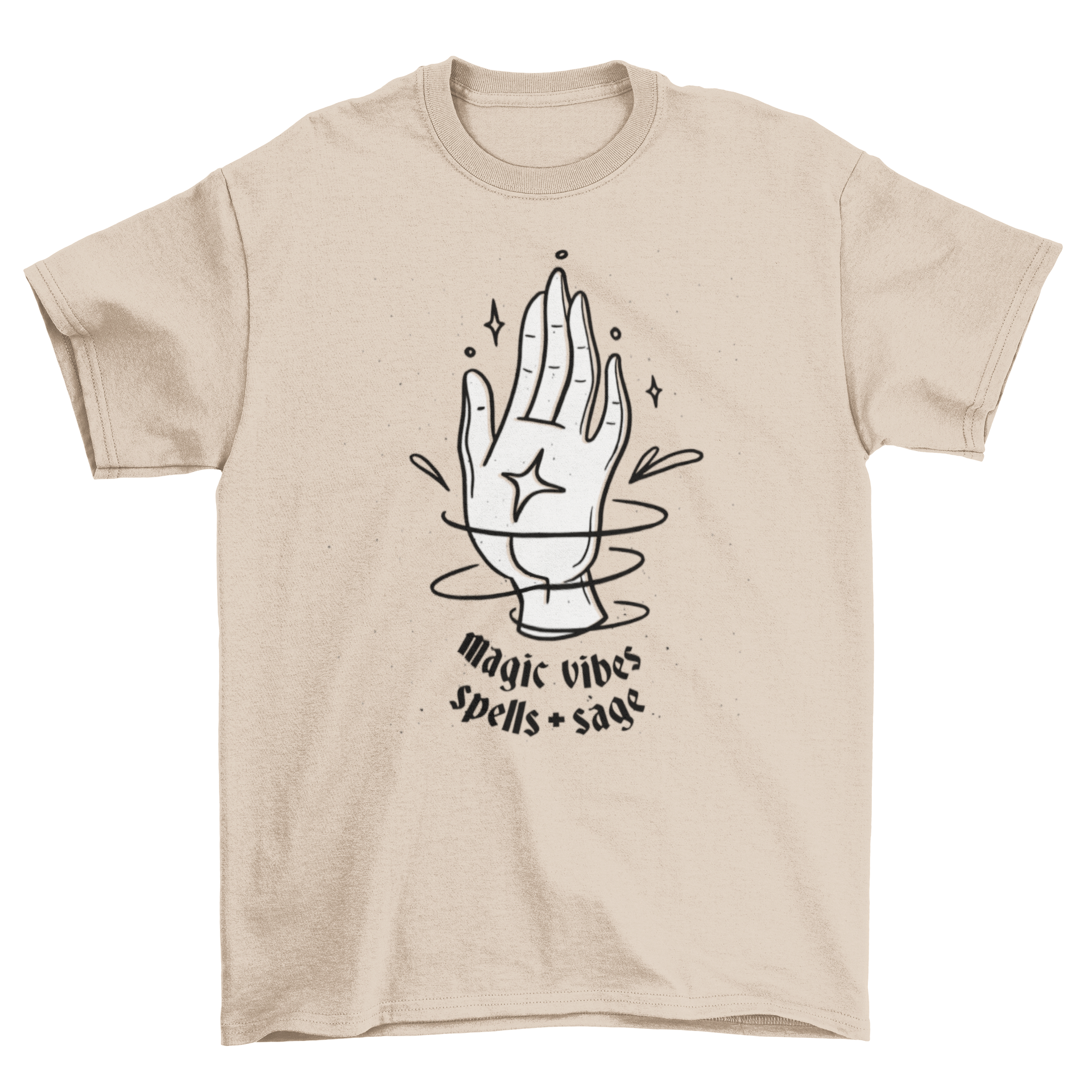 Magic Vibes T-shirt featuring an esoteric hand design and the text 'MAGIC VIBES SPELLS AND SAGE' in a stylish font.