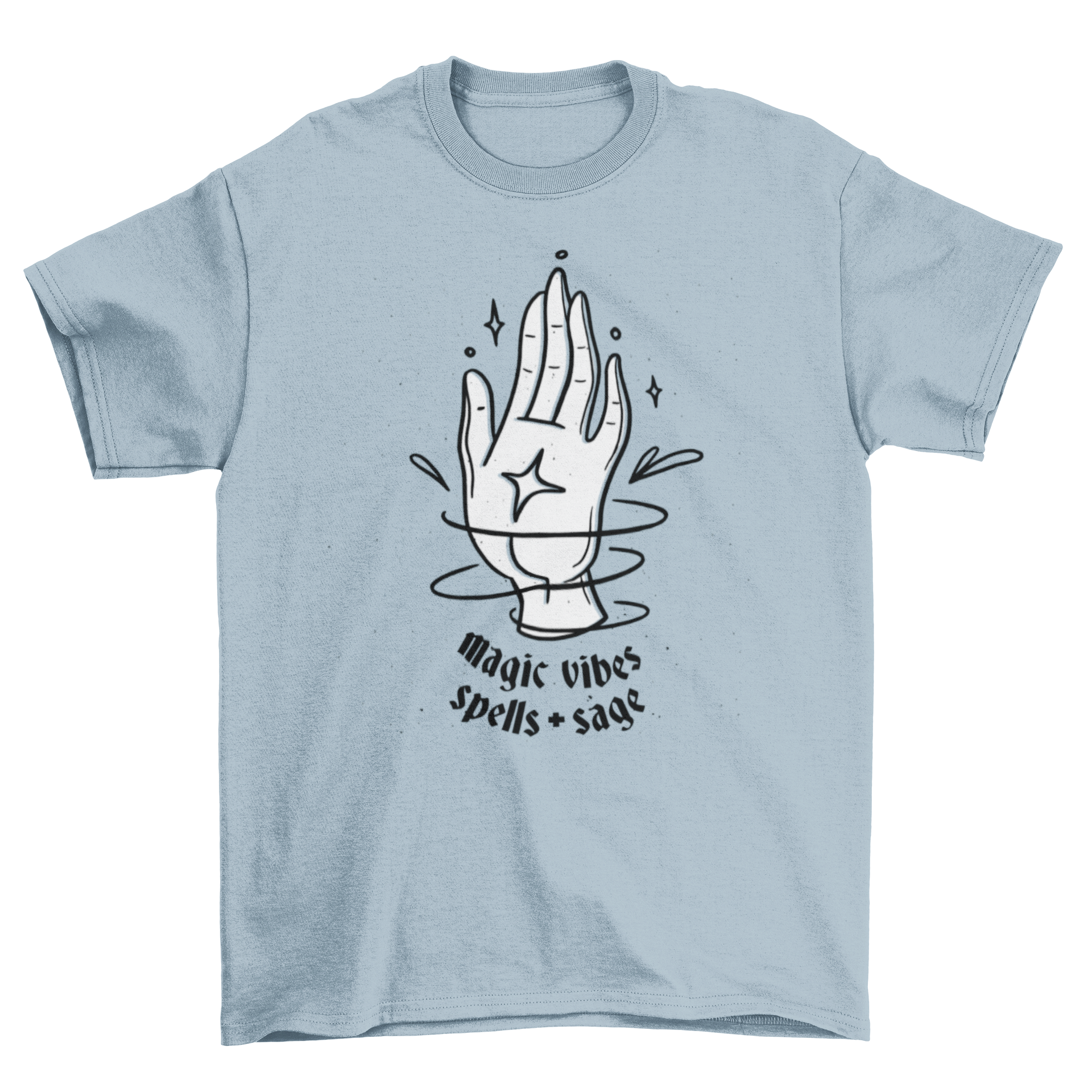 Magic Vibes T-shirt featuring an esoteric hand design and the text 'MAGIC VIBES SPELLS AND SAGE' in a stylish font.