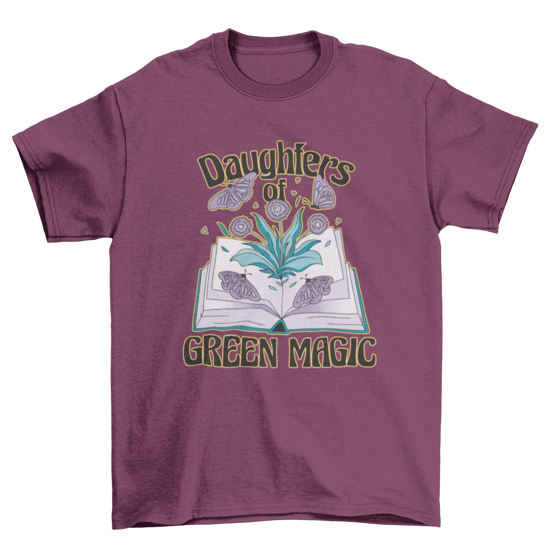 A stylish t-shirt featuring an open book surrounded by colorful butterflies and plants, with the quote 'Daughters of green magic'.