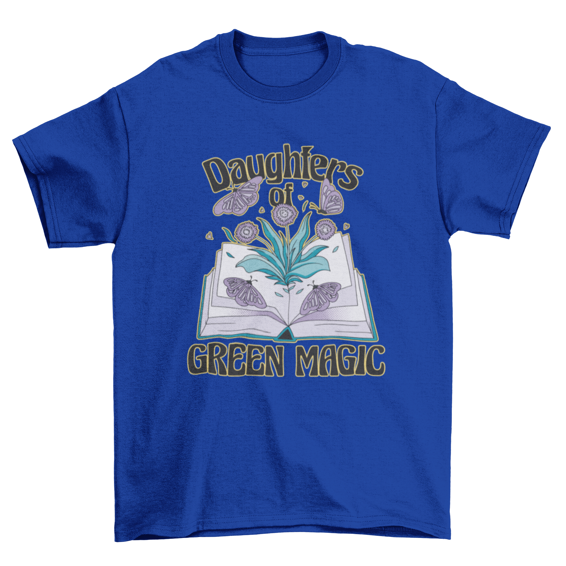 A stylish t-shirt featuring an open book surrounded by colorful butterflies and plants, with the quote 'Daughters of green magic'.