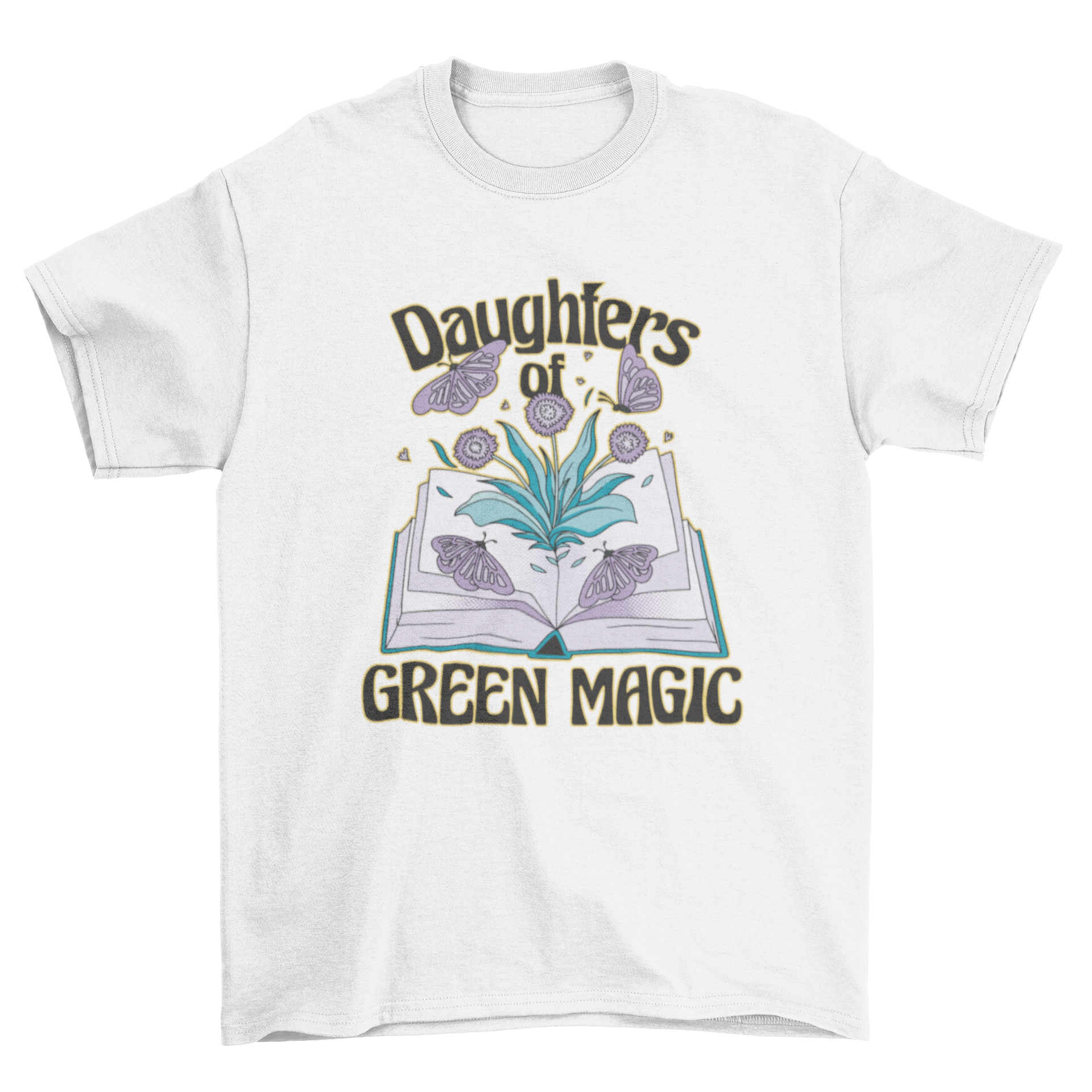 A stylish t-shirt featuring an open book surrounded by colorful butterflies and plants, with the quote 'Daughters of green magic'.