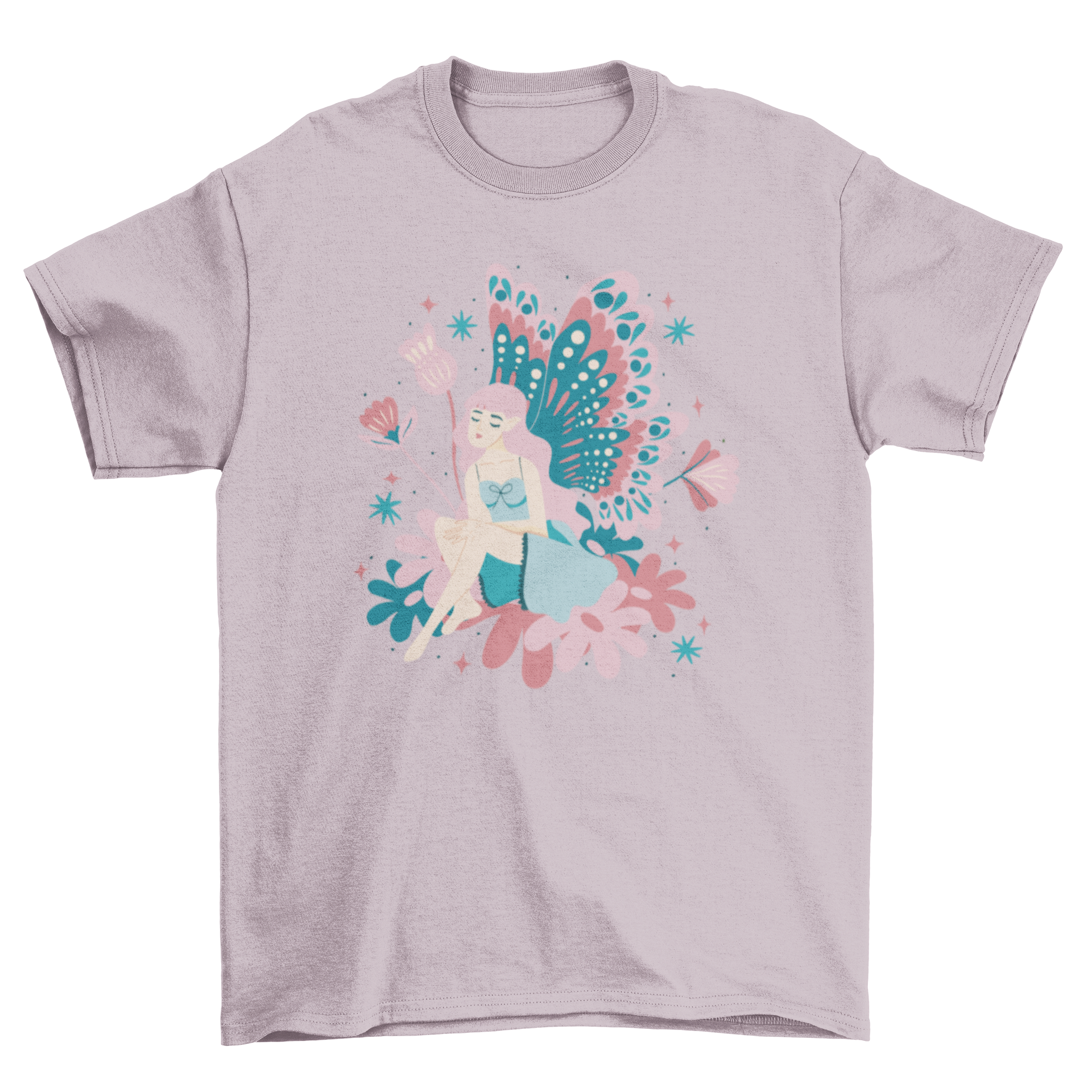 A beautiful t-shirt featuring a fairy with delicate wings surrounded by colorful flowers, perfect for nature lovers.