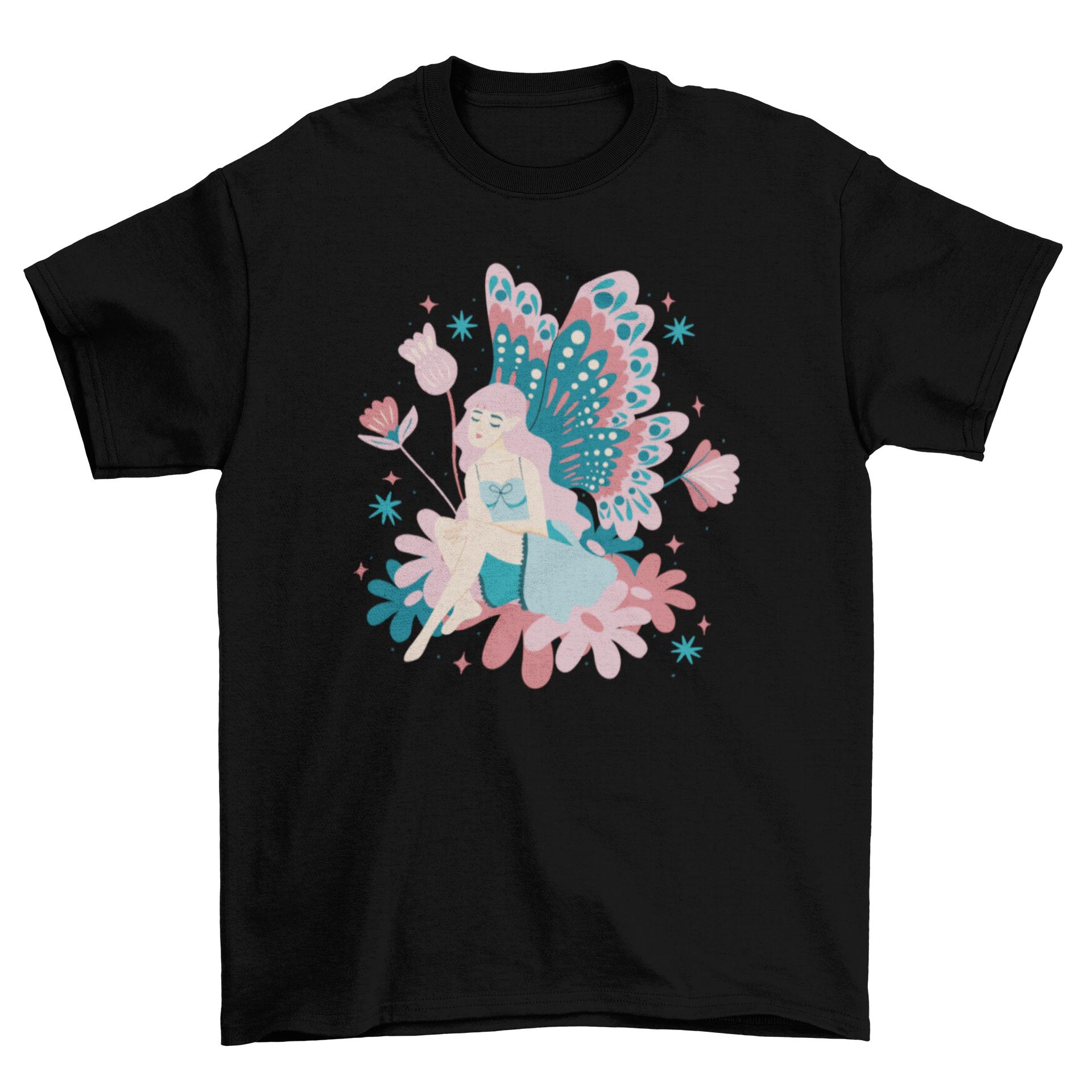 A beautiful t-shirt featuring a fairy with delicate wings surrounded by colorful flowers, perfect for nature lovers.