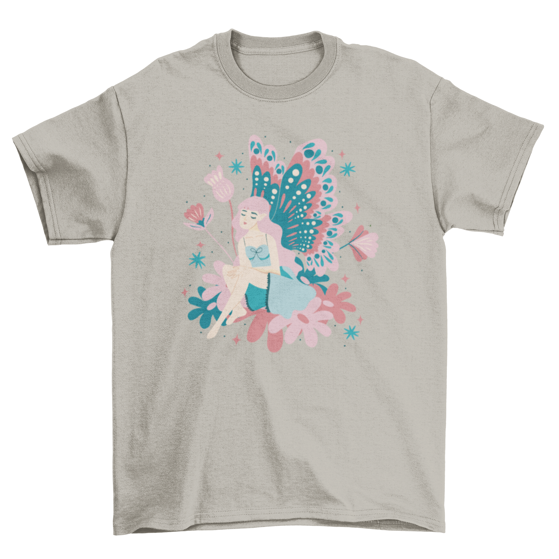 A beautiful t-shirt featuring a fairy with delicate wings surrounded by colorful flowers, perfect for nature lovers.